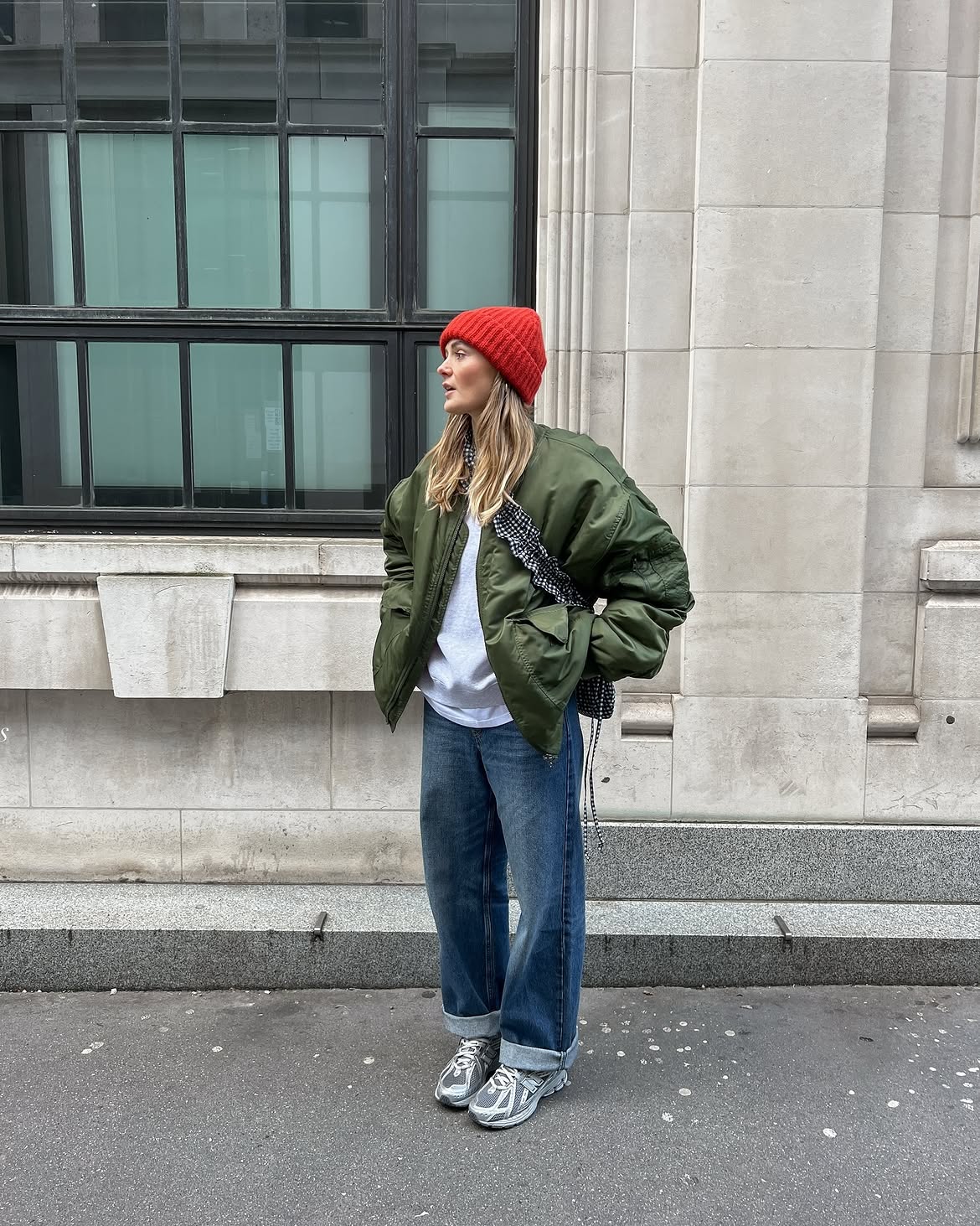Oversized Olive Bomber Jacket With Denim And Red Beanie