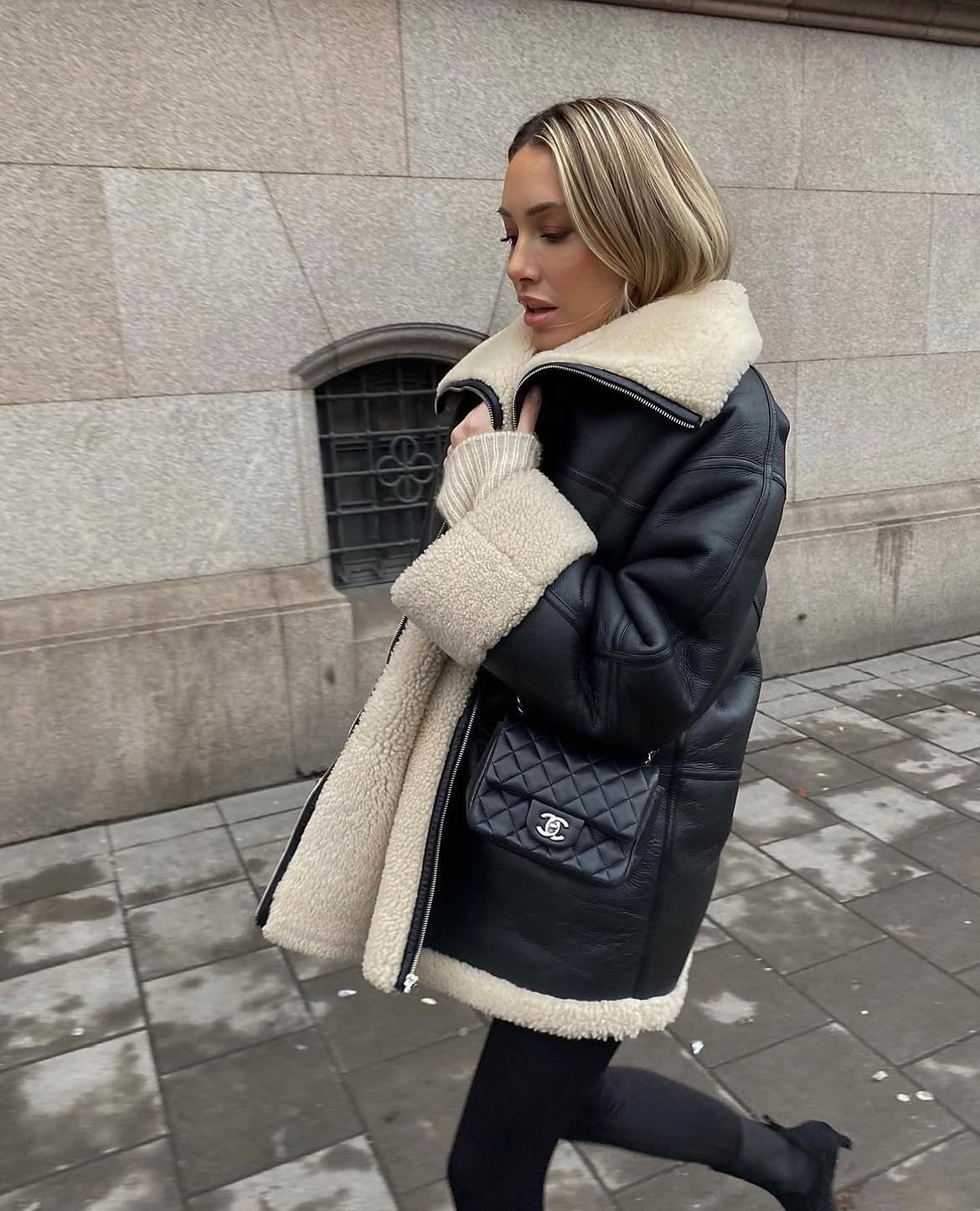 Oversized Shearling Aviator Jacket With Quilted Crossbody Bag