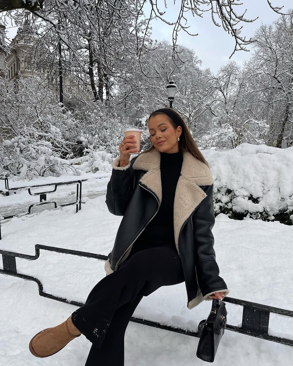 Oversized Shearling Aviator Jacket With Winter Black Ensemble