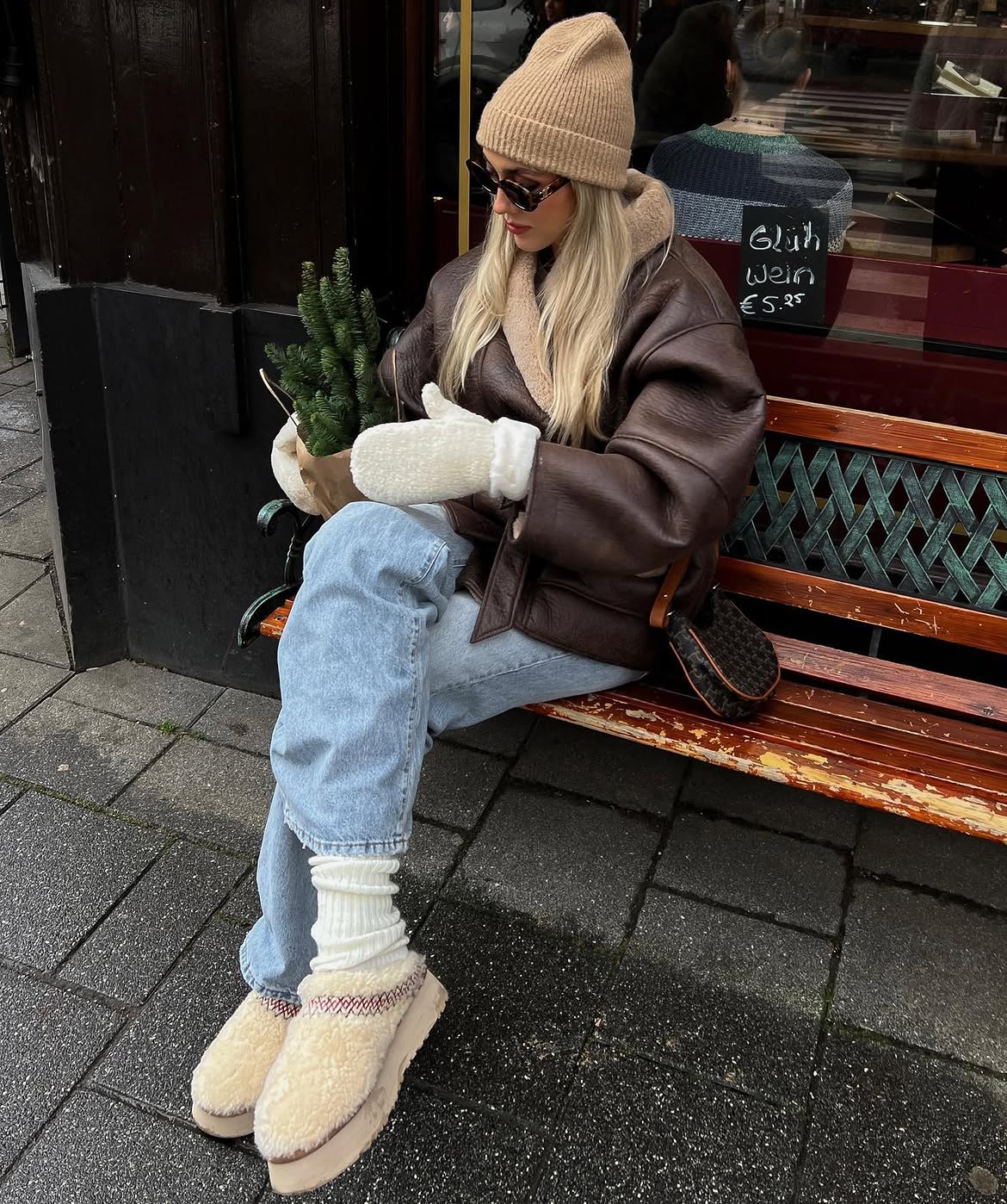 Oversized Shearling Jacket With Cozy Winter Accessories