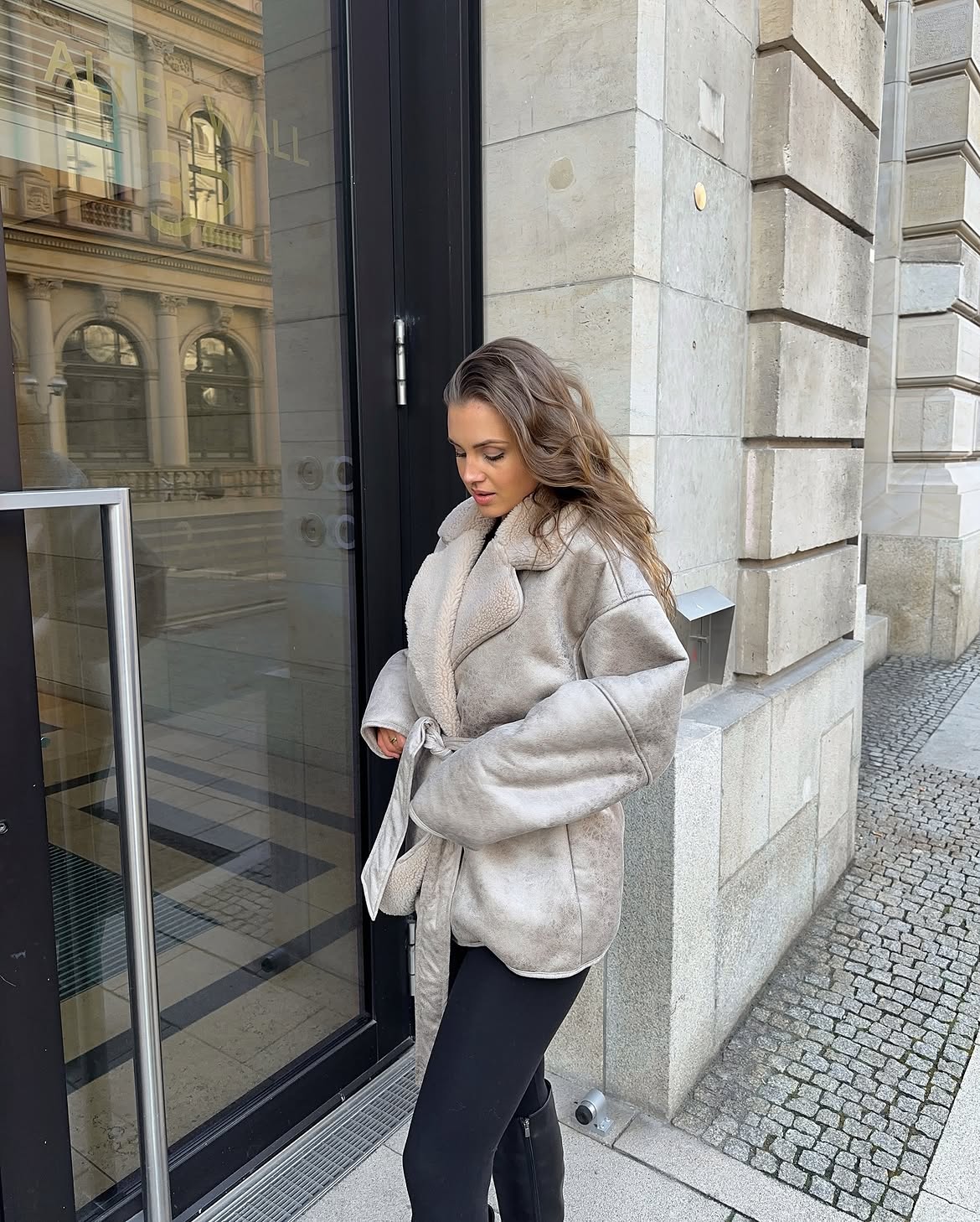 Oversized Shearling Jacket With Slim Black Leggings