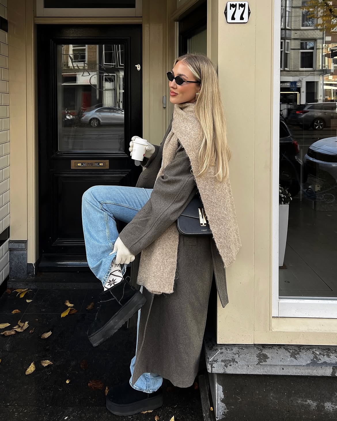 Oversized Wool Coat With Denim And Platform Boots
