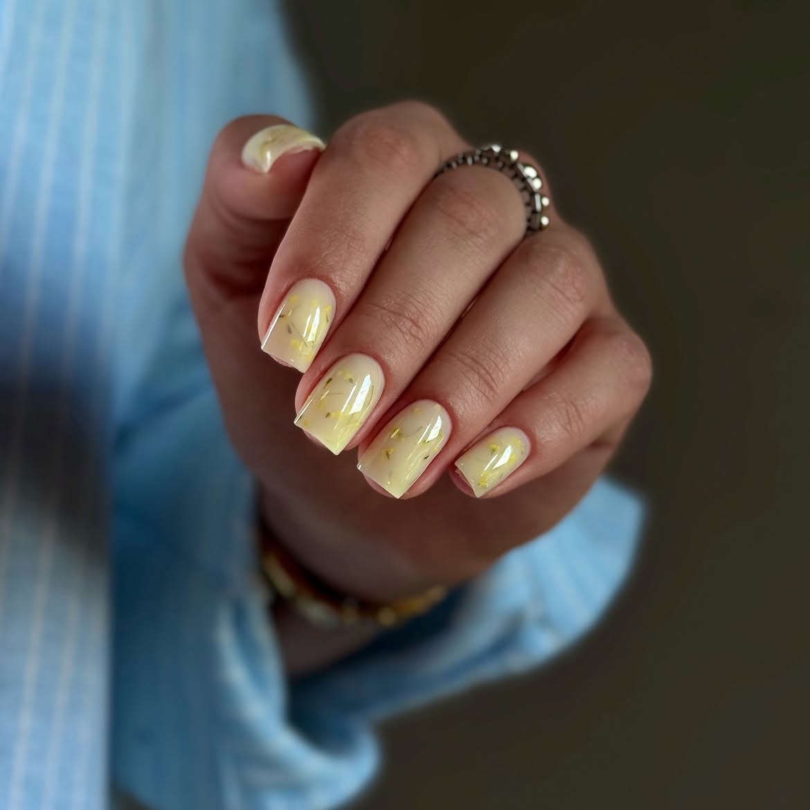 Pale Yellow Pressed Flower Square Nails