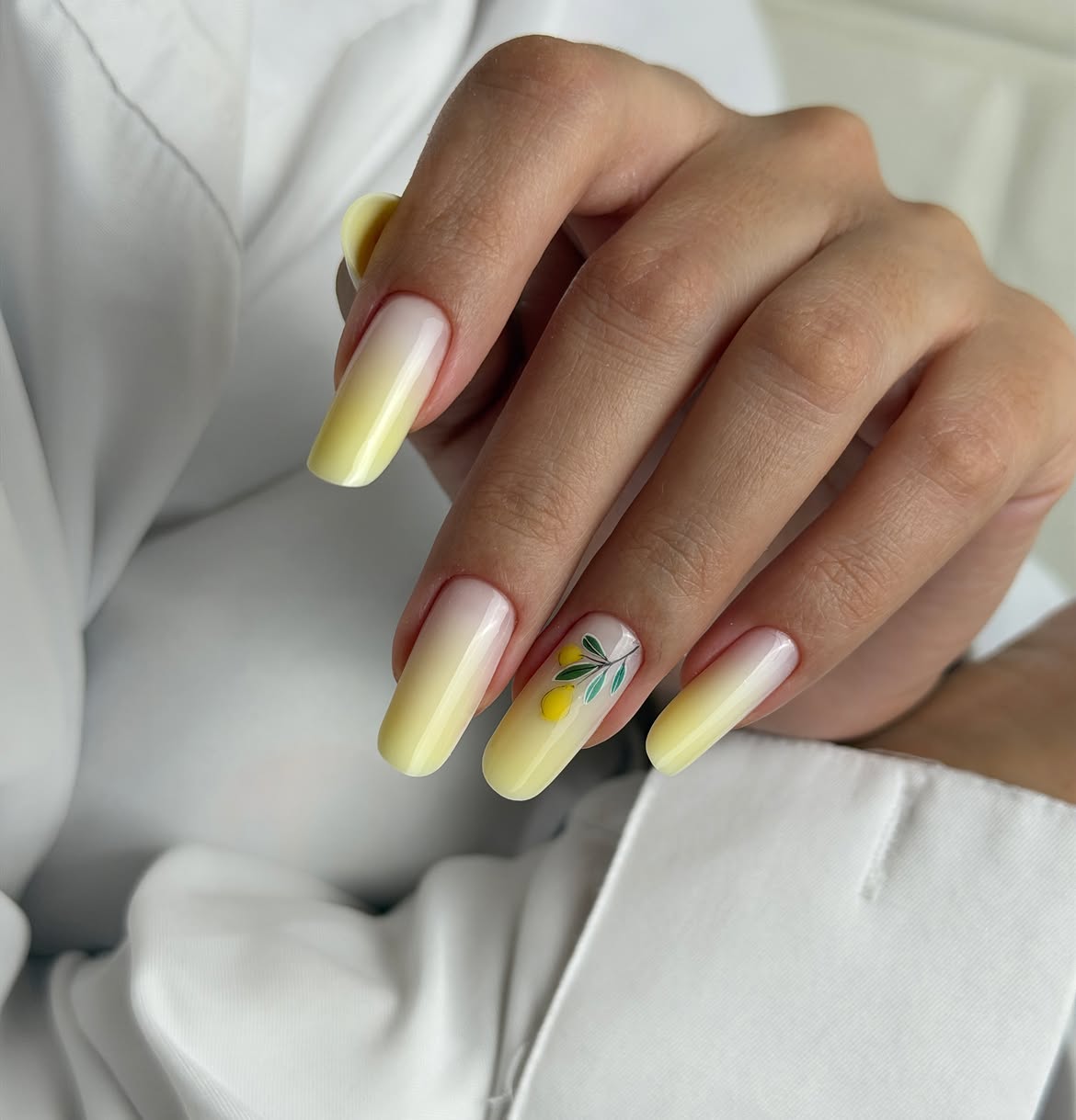 Pastel Lemon Ombre With Botanical Accent Nail