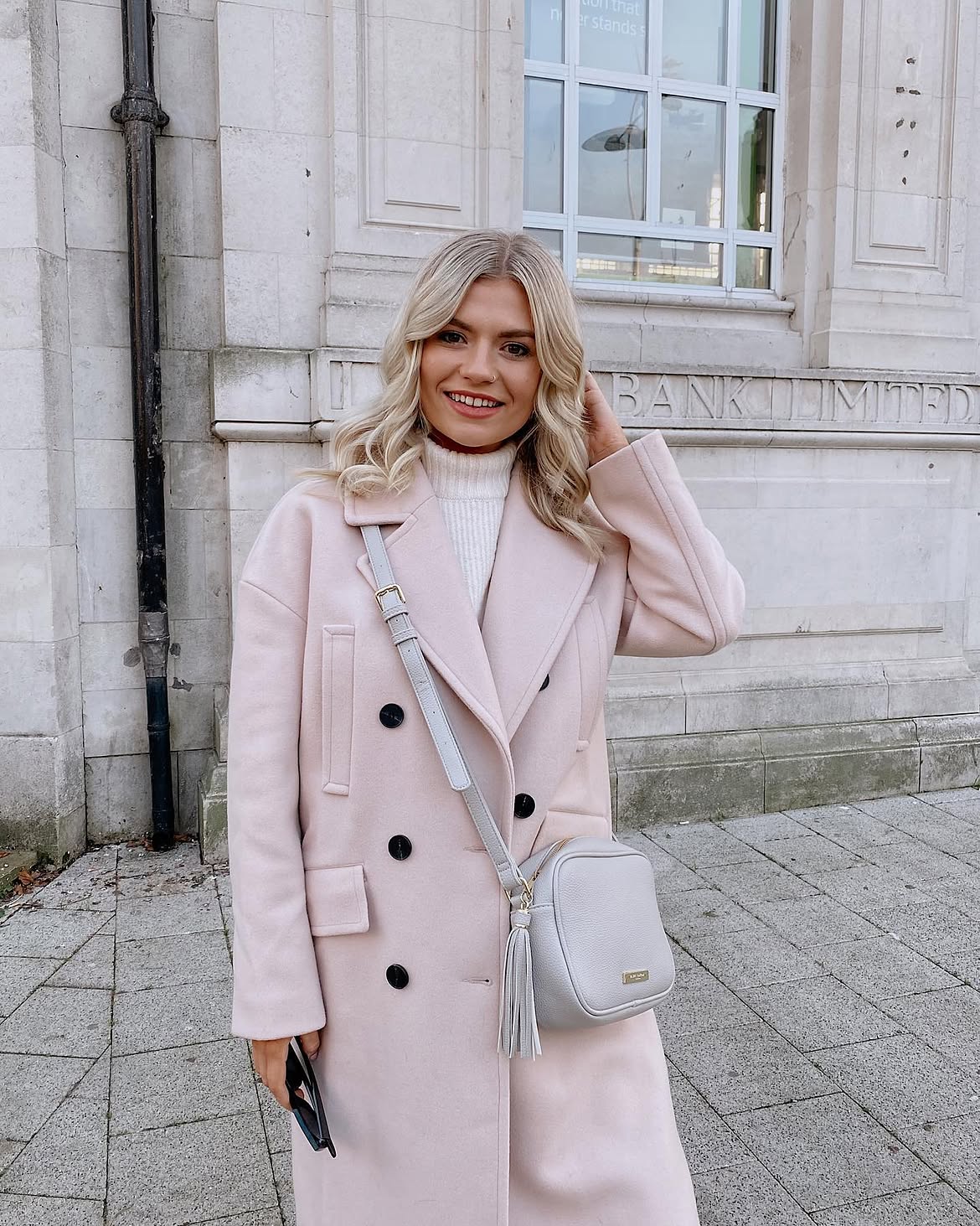 Pastel Pink Coat And White Turtleneck Winter Look