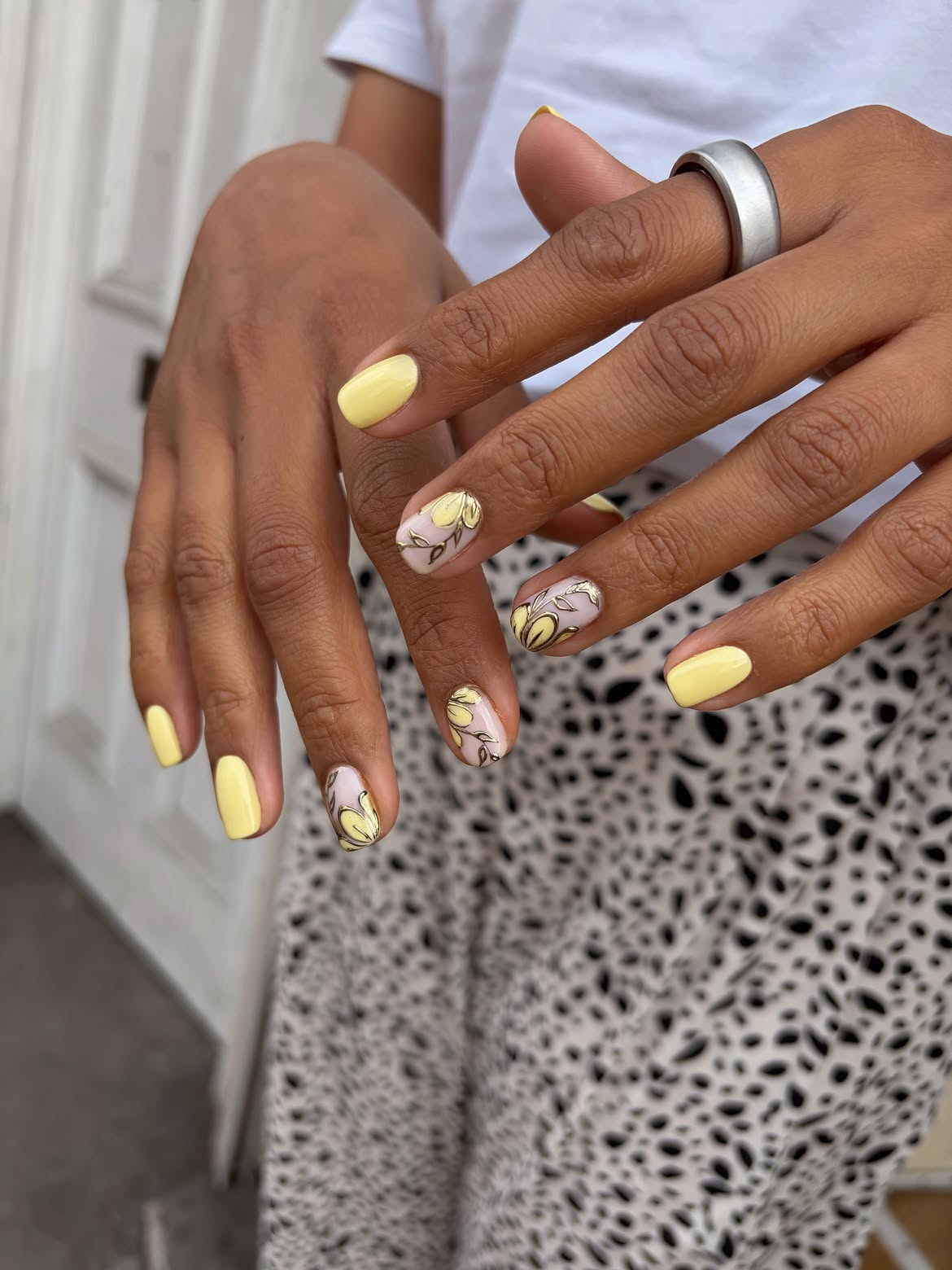 Pastel Yellow Floral Oval Nails