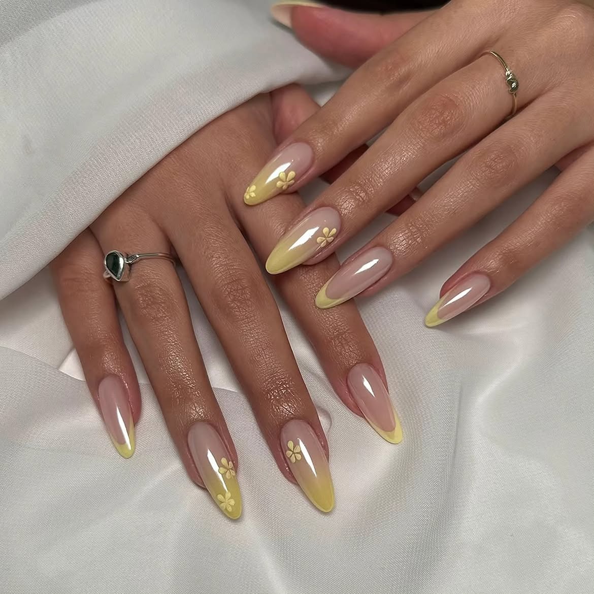 Pastel Yellow French Tip Almond Nails with Floral Art