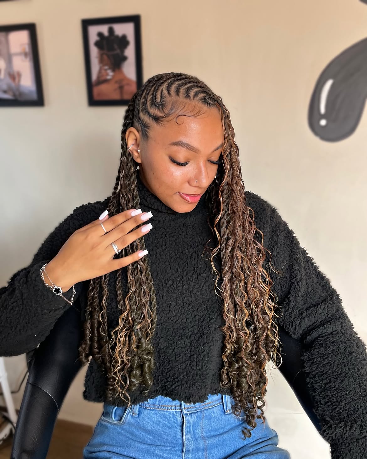 Patterned Cornrows With Curly Braided Extensions