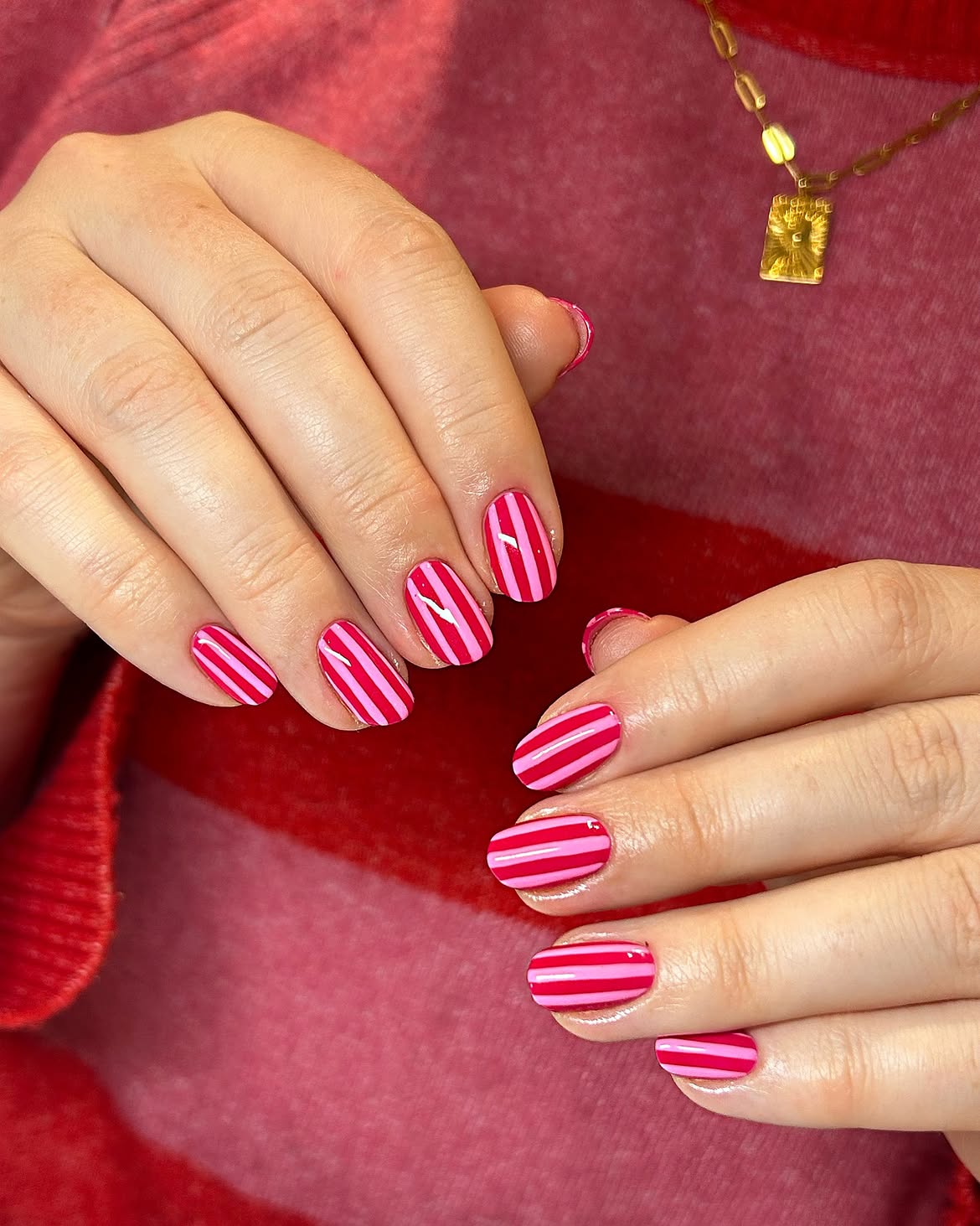 Pink and Red Candy Stripe Oval Nails