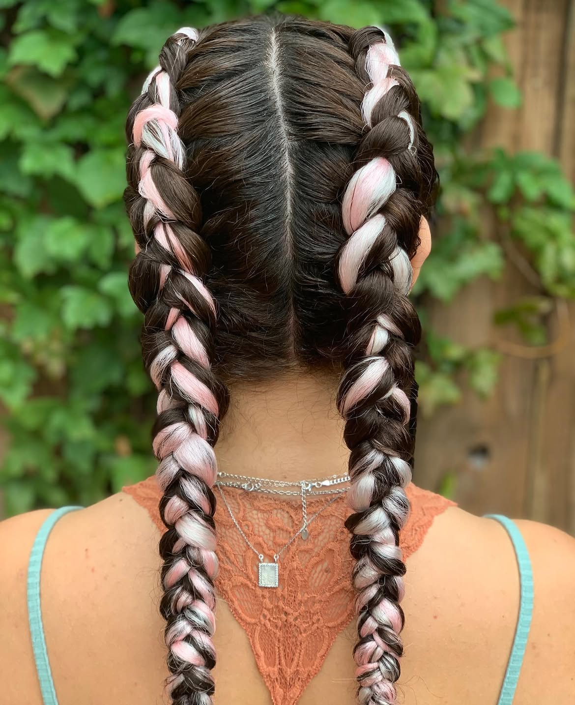 Pink and White Braided Pigtails with Dark Hair