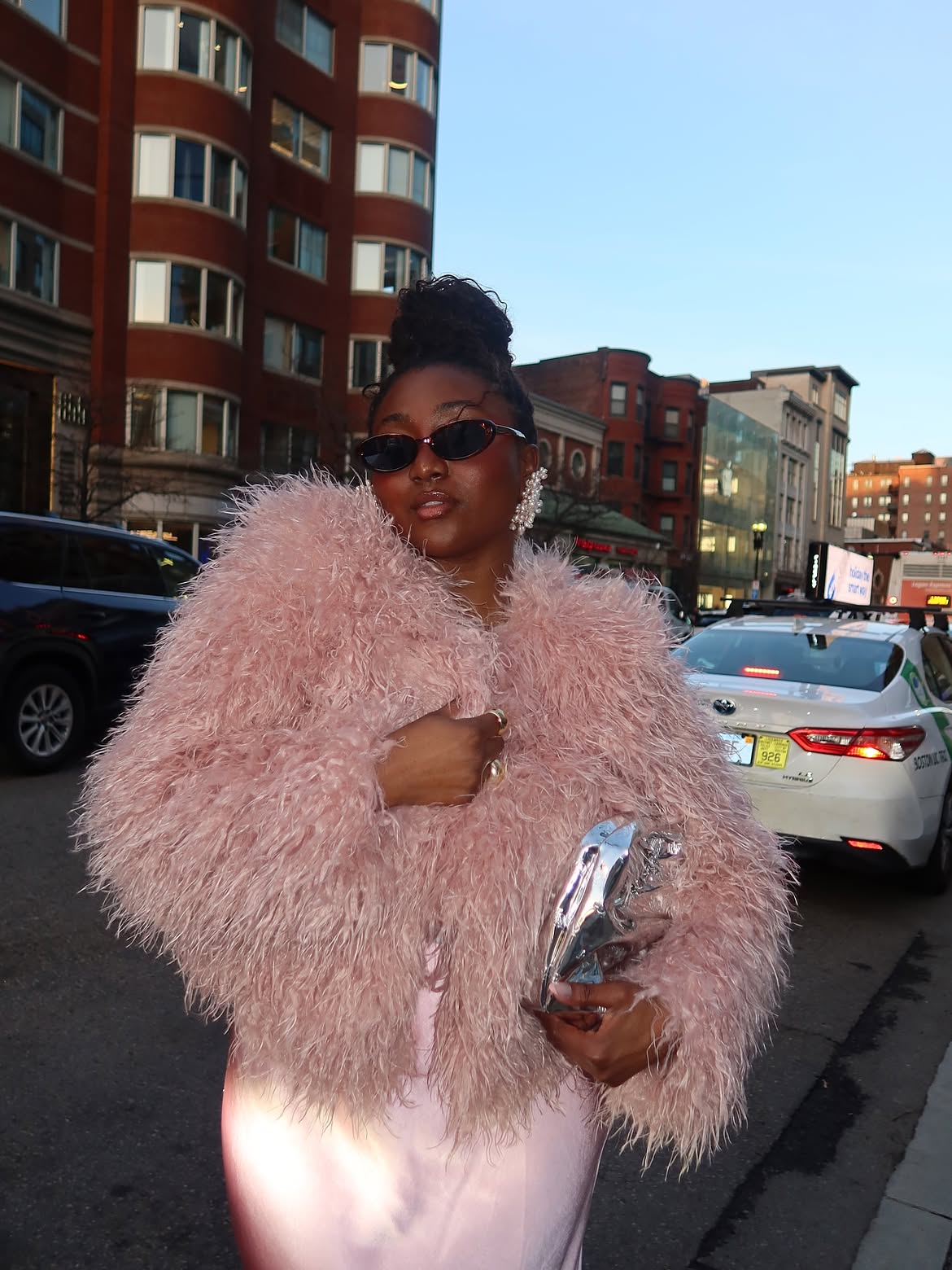 Pink Feather Jacket And Silver Clutch City Look