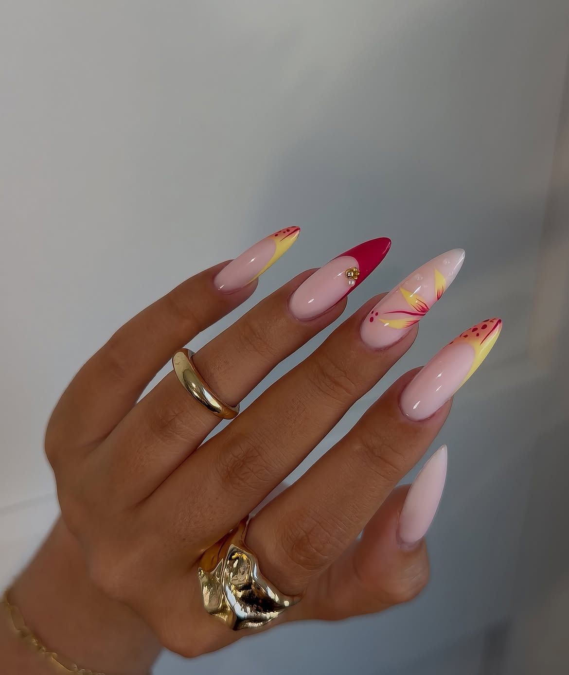 Pink Floral French Tip Stiletto Nails