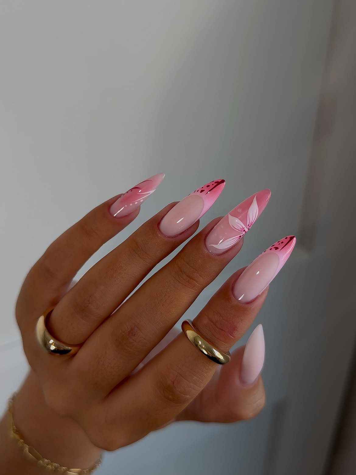 Pink Floral French Tip Stiletto Nails