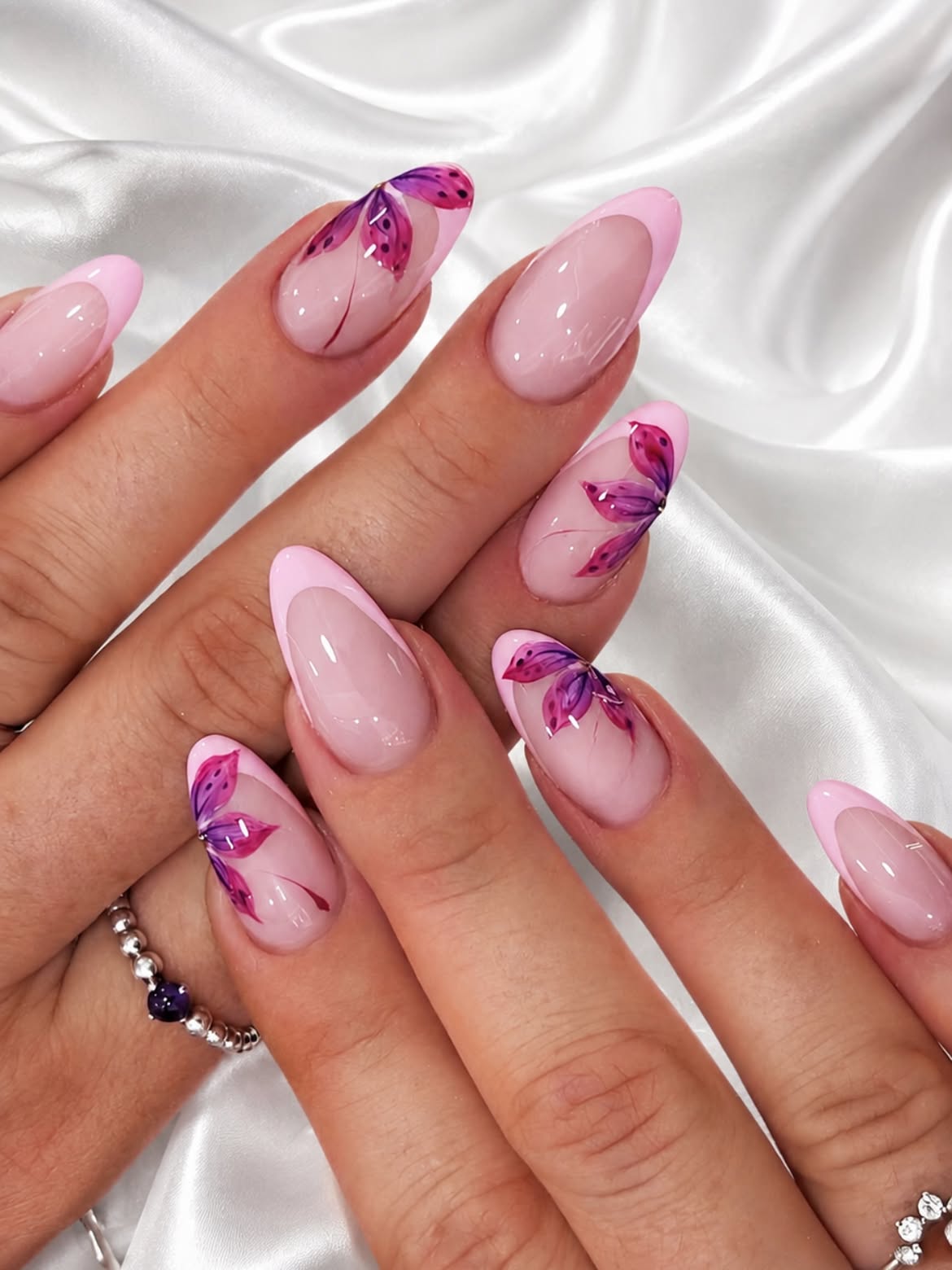 Pink French Butterfly Aura Almond Nails