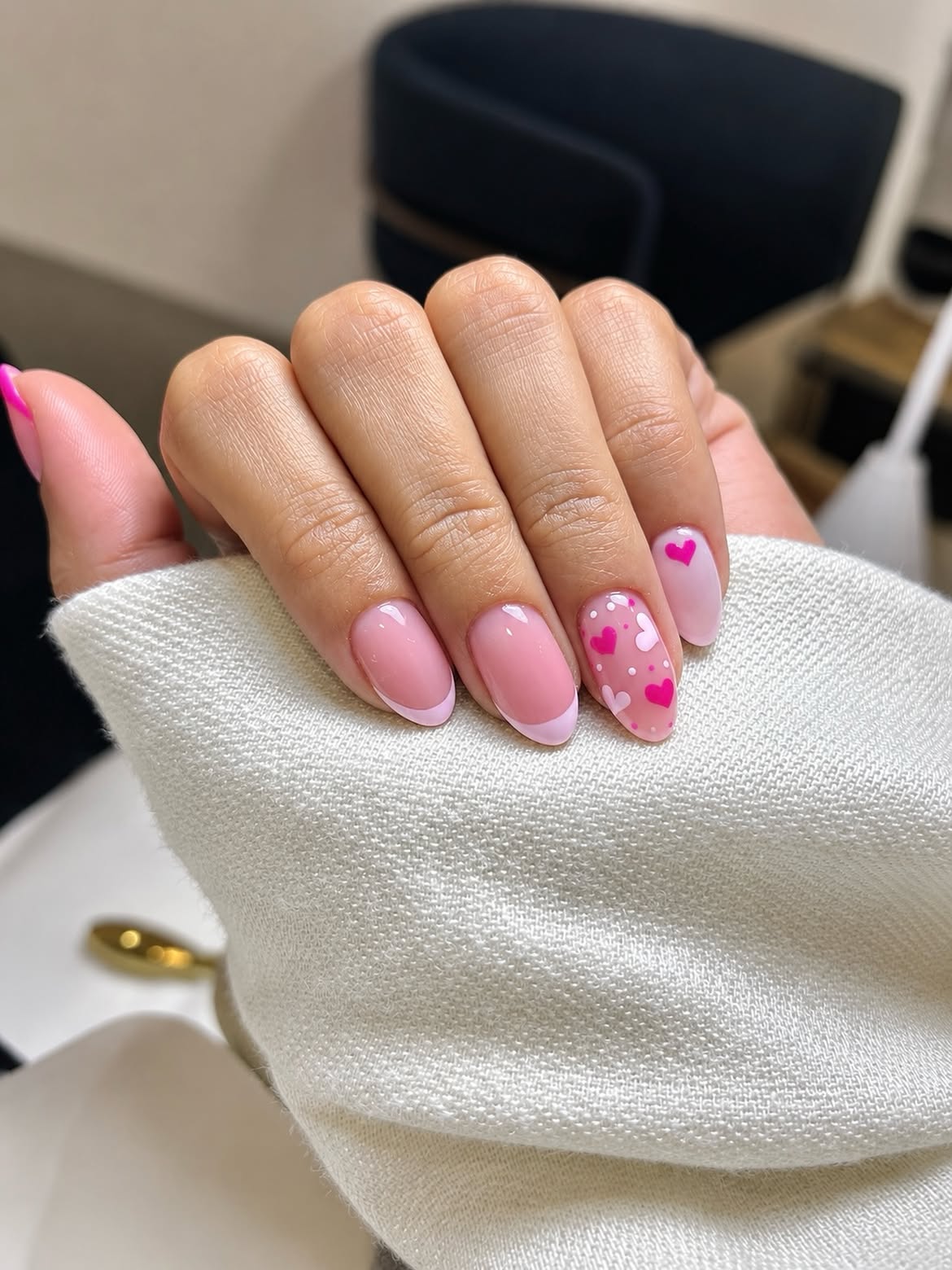 Pink French Tip Nails with Heart Accents