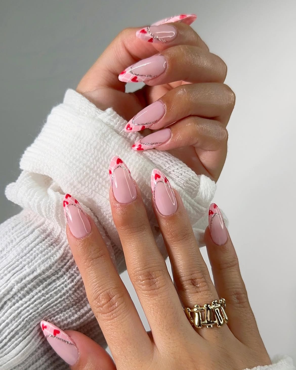 Pink French Tips with Red Hearts and Silver Glitter