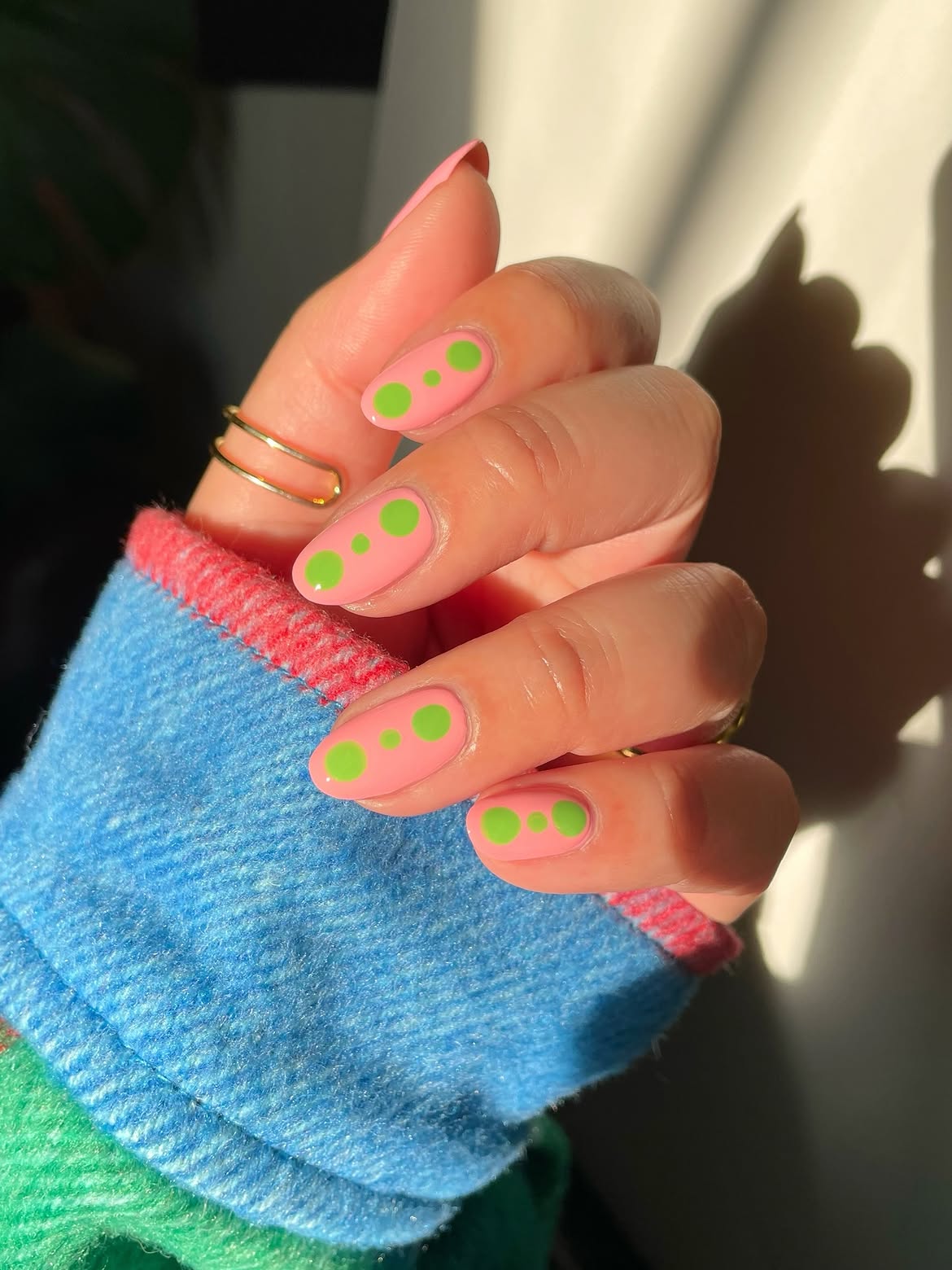 Pink & Lime Green Polka Dot Almond Nails