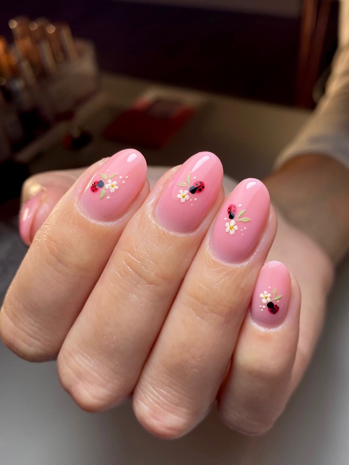 Pink Milky Base With Ladybug Nail Art