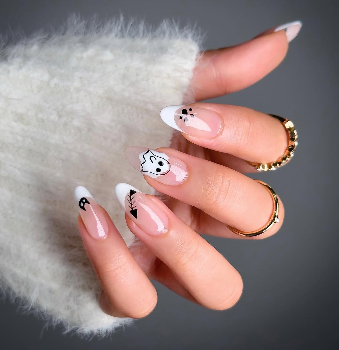 Playful Ghost French Tip Almond Nails