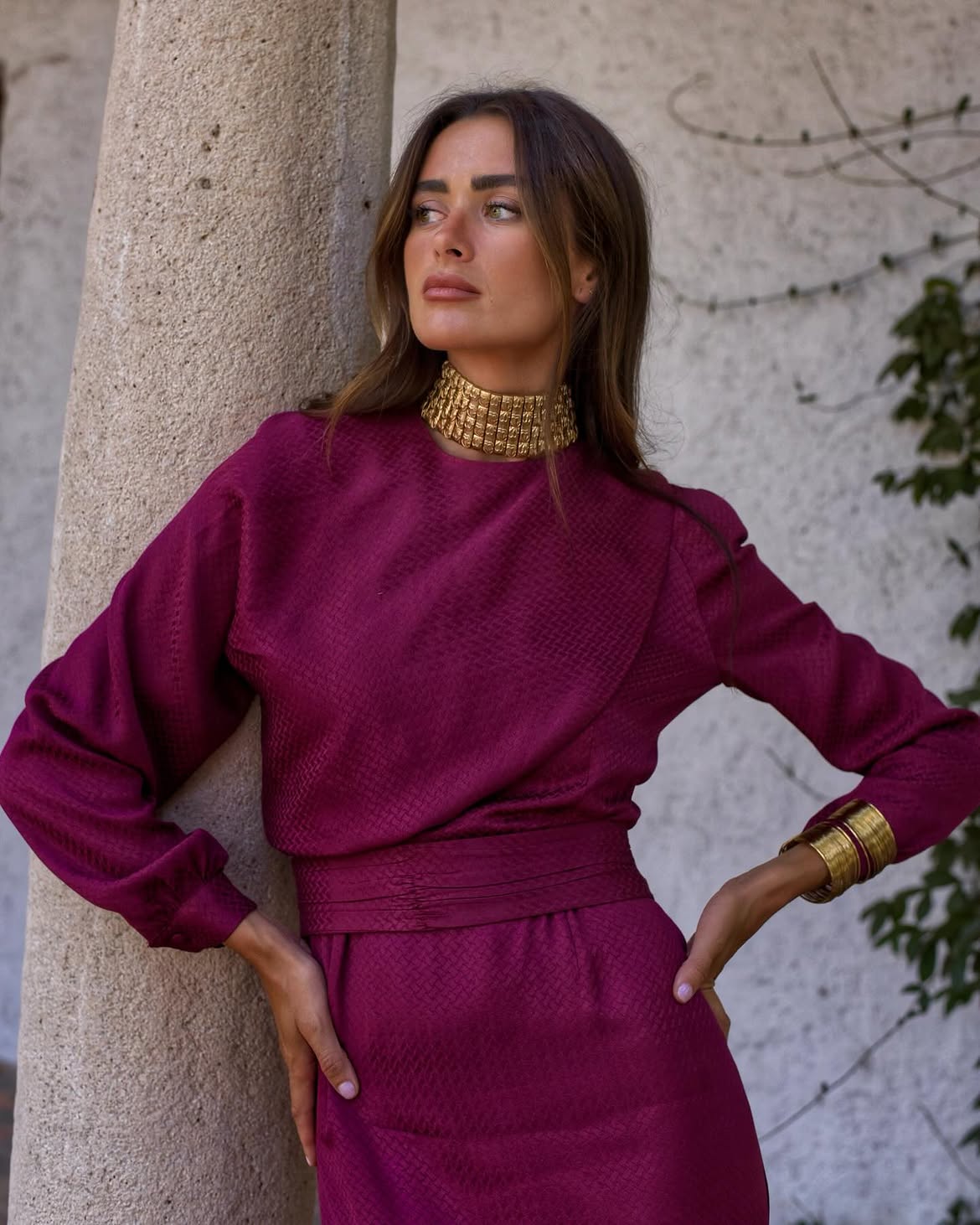 Plum Midi Dress With Statement Gold Jewelry