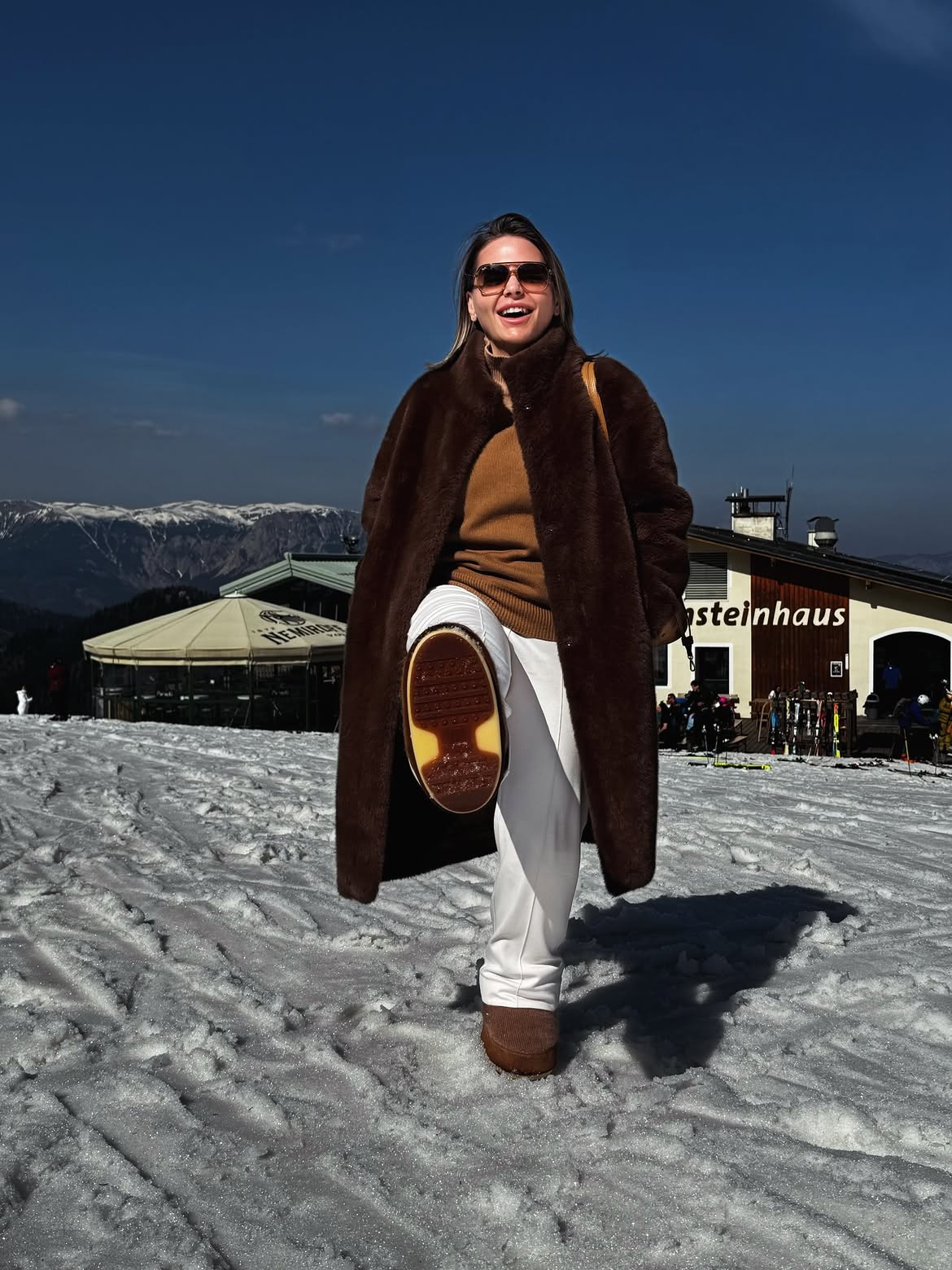 Plush Brown Fur Coat And White Snow Trousers