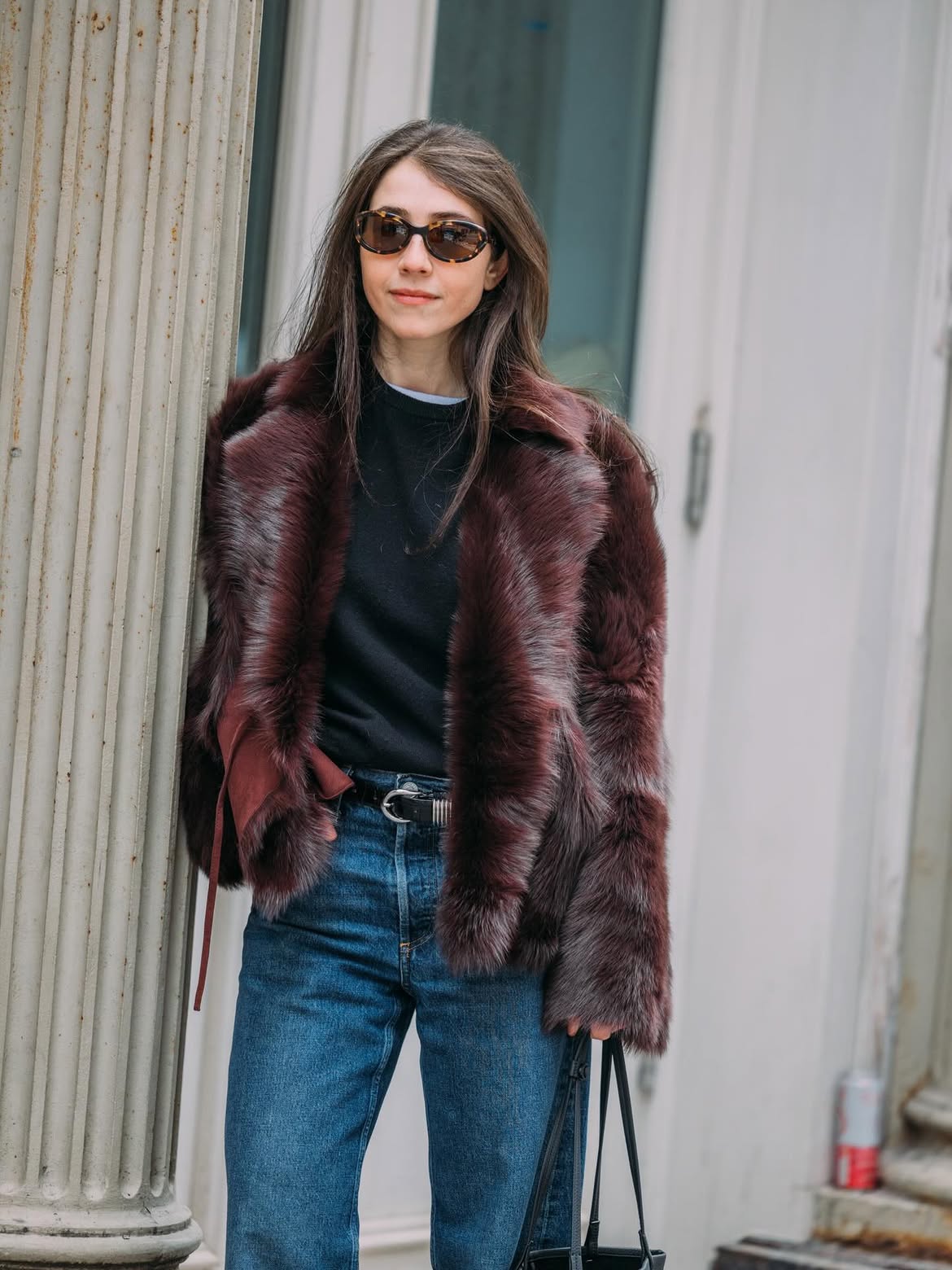 Plush Burgundy Fux Fur Coat And Straight Leg Denim