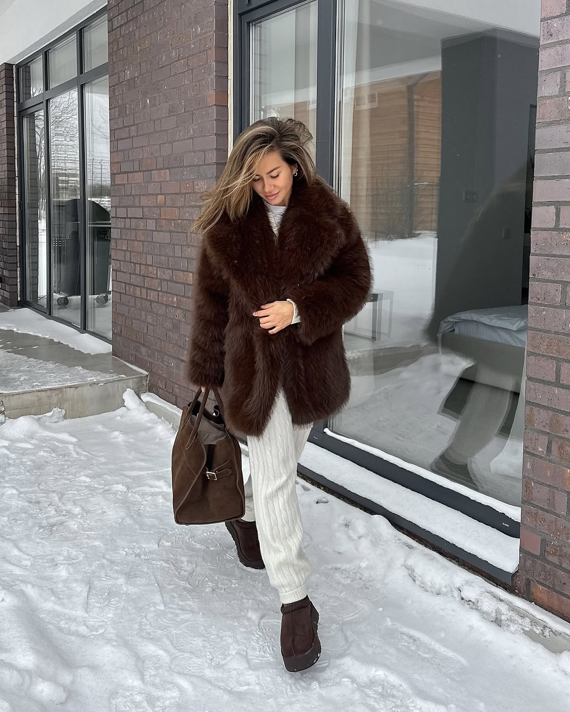 Plush Faux Fur Coat And Cream Knit Joggers