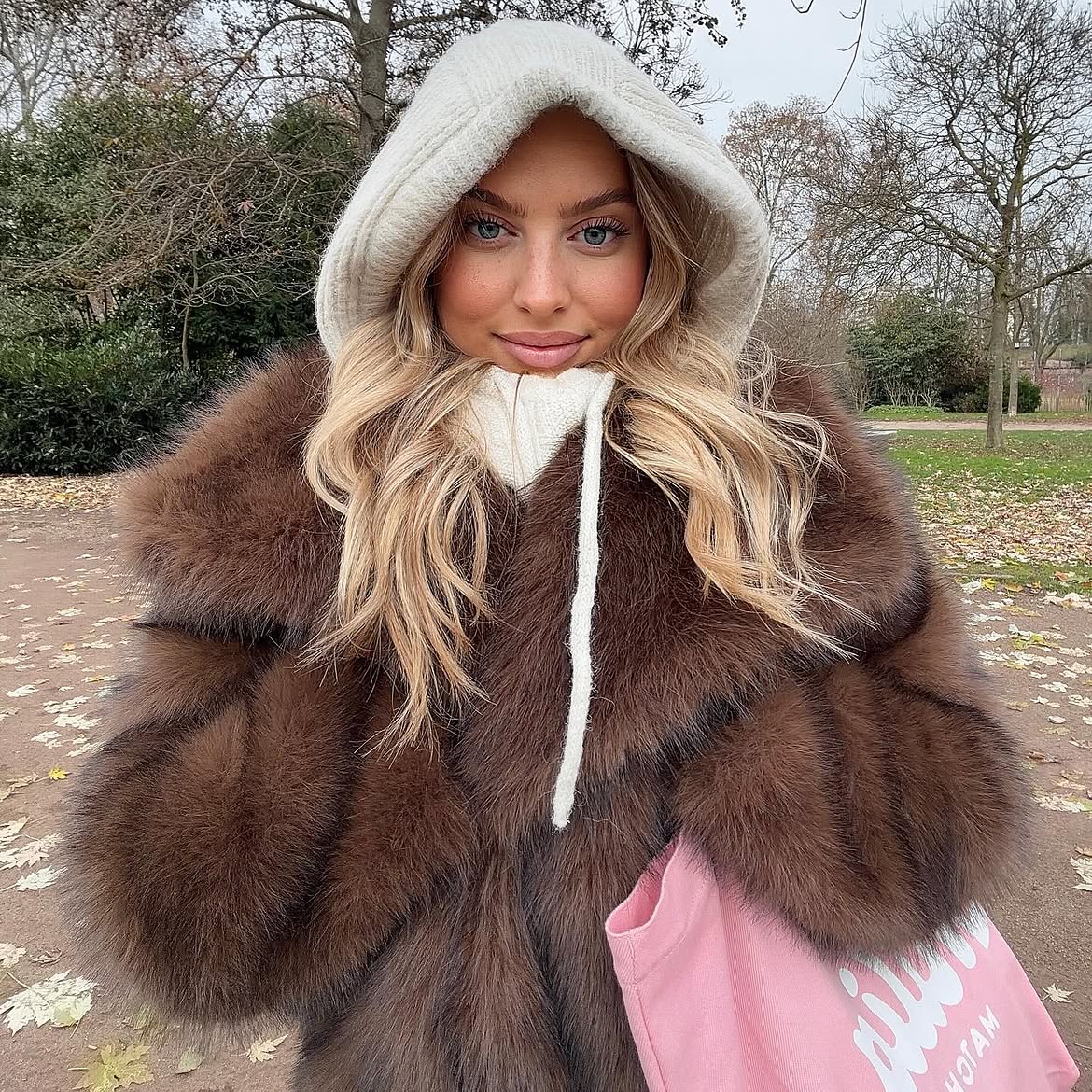 Plush Faux Fur Coat And Hooded Knit Layer