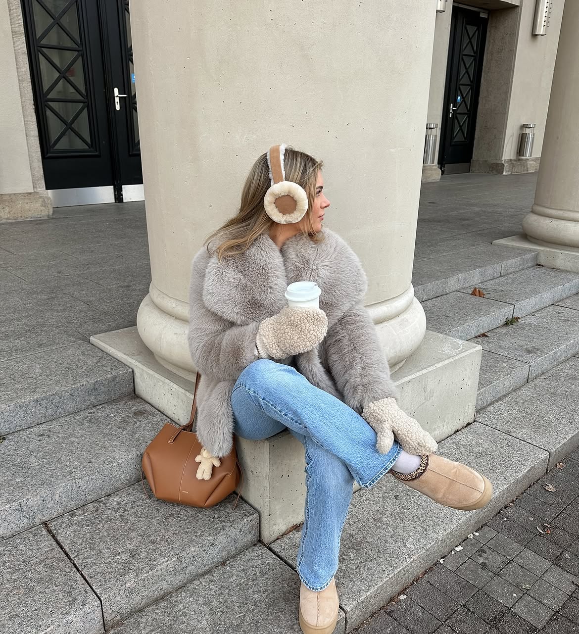 Plush Faux Fur Coat And Slip On Clogs