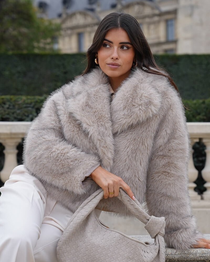 Plush Faux Fur Coat With Cream Trousers