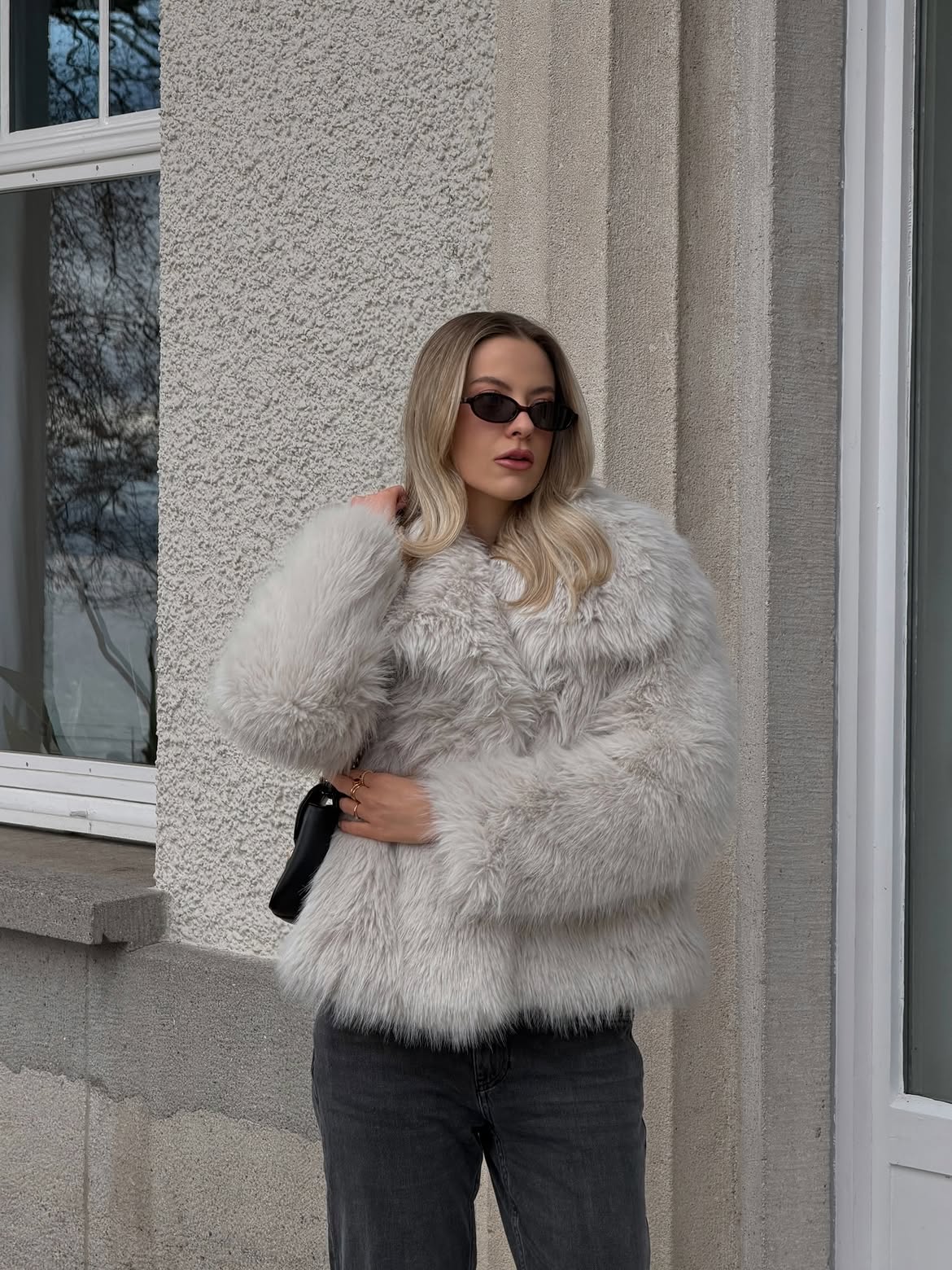 Plush Faux Fur Jacket And Dark Denim Winter Look