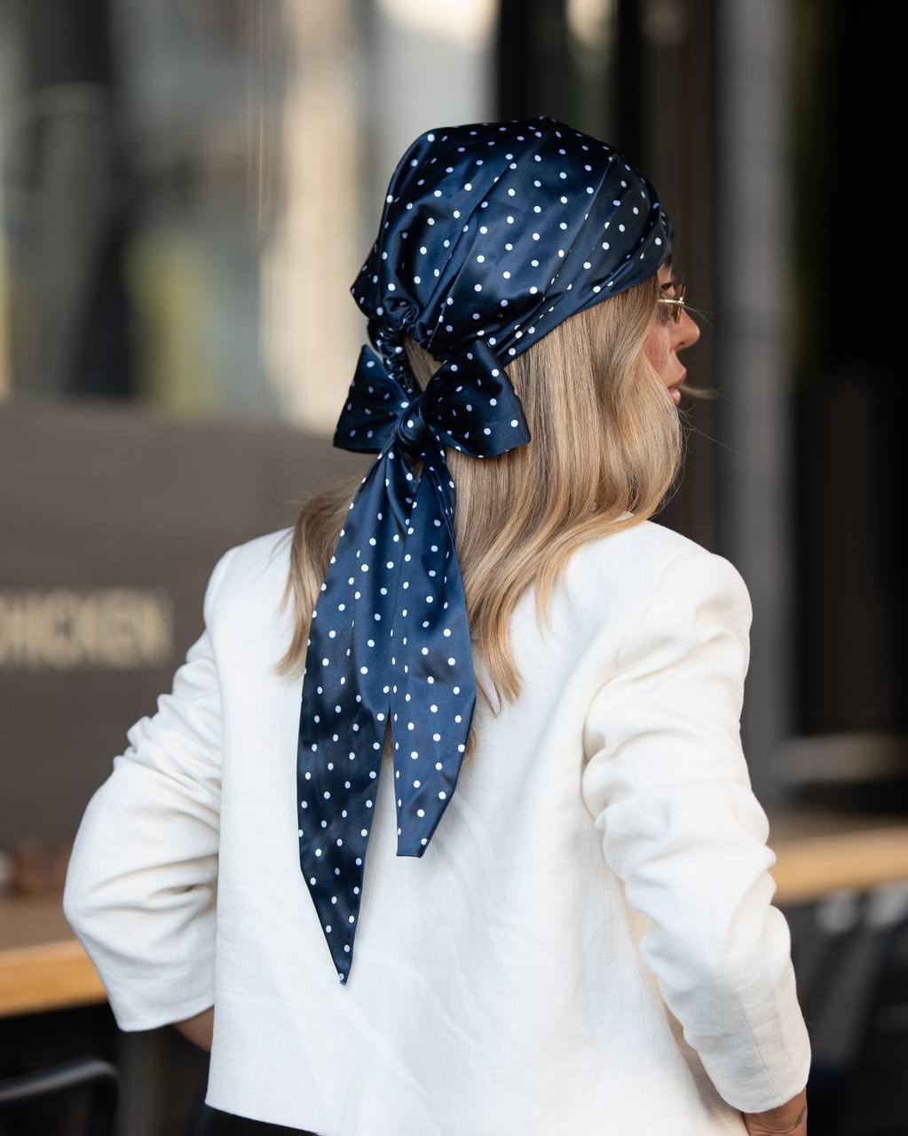 Polka Dot Silk Bandana Scarf On Shoulder Length Blonde