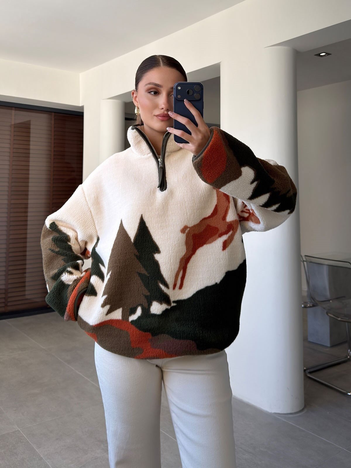 Printed Fleece Pullover And White Pants Winter Outfit