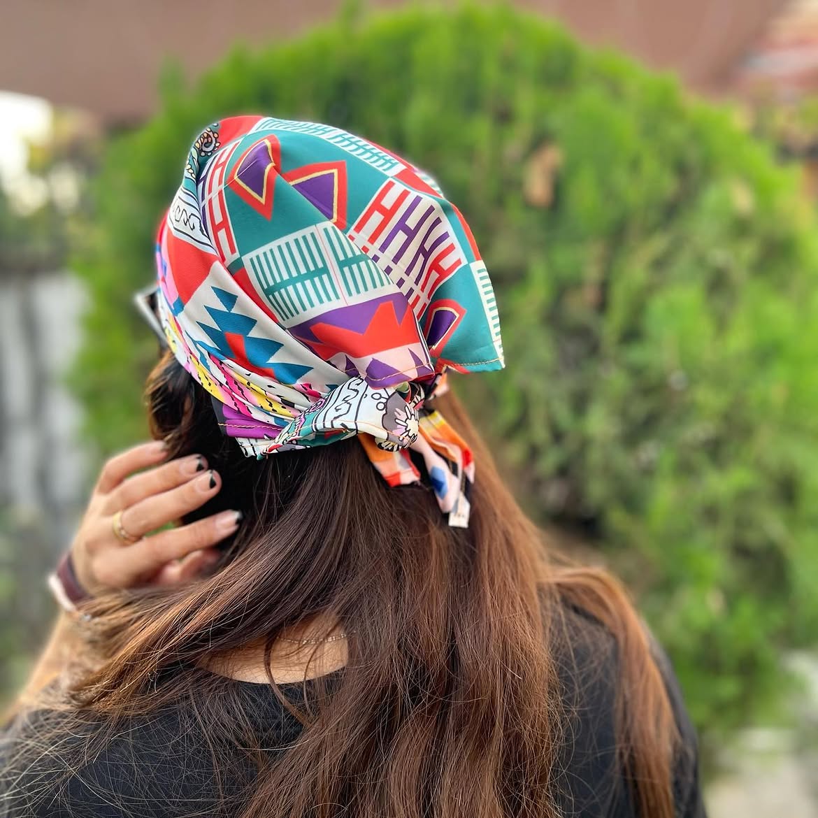 Printed Silk Bandana Style For Long Brunette Hair
