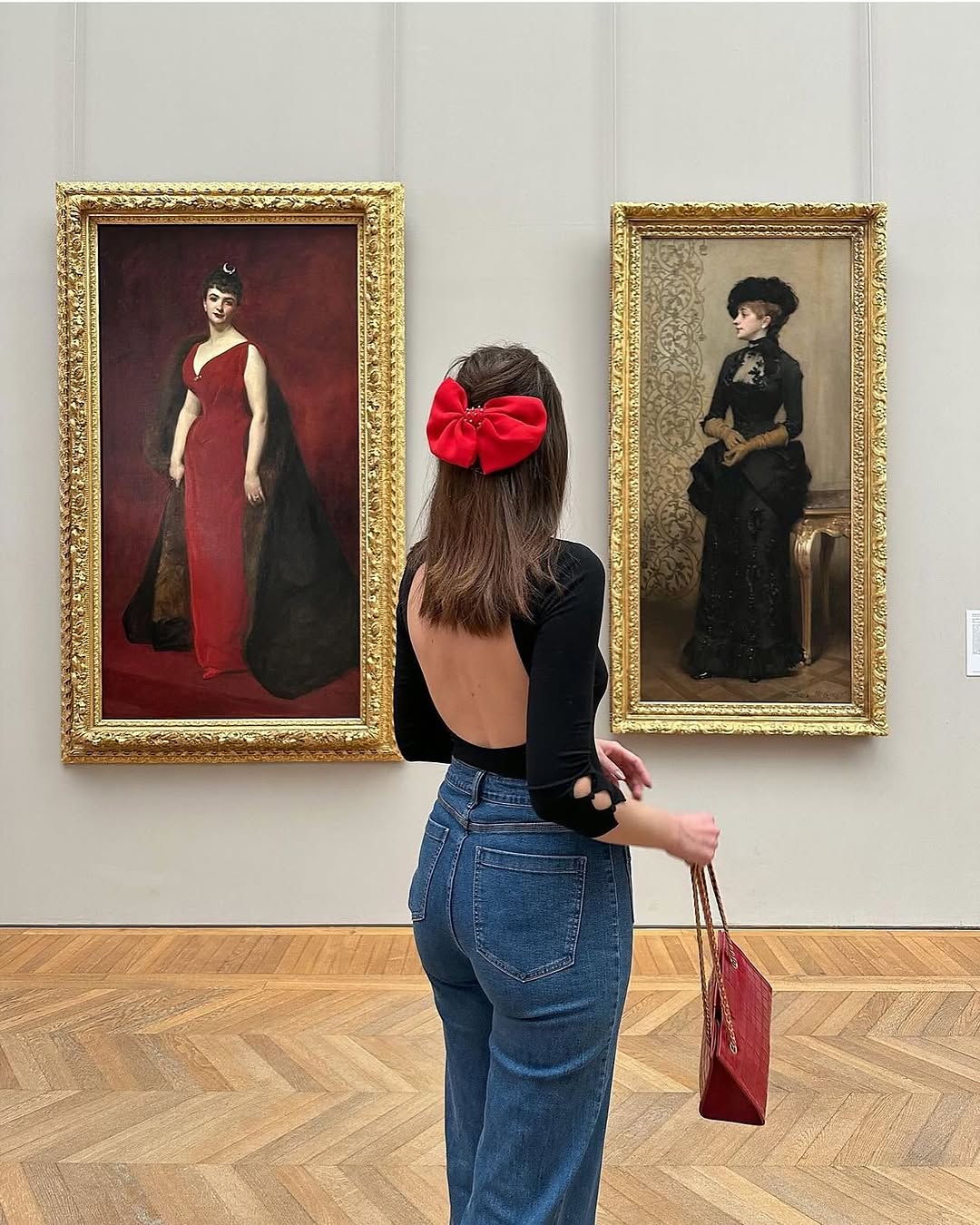 Red Bow Accented Backless Bodysuit And Denim Museum Date Look