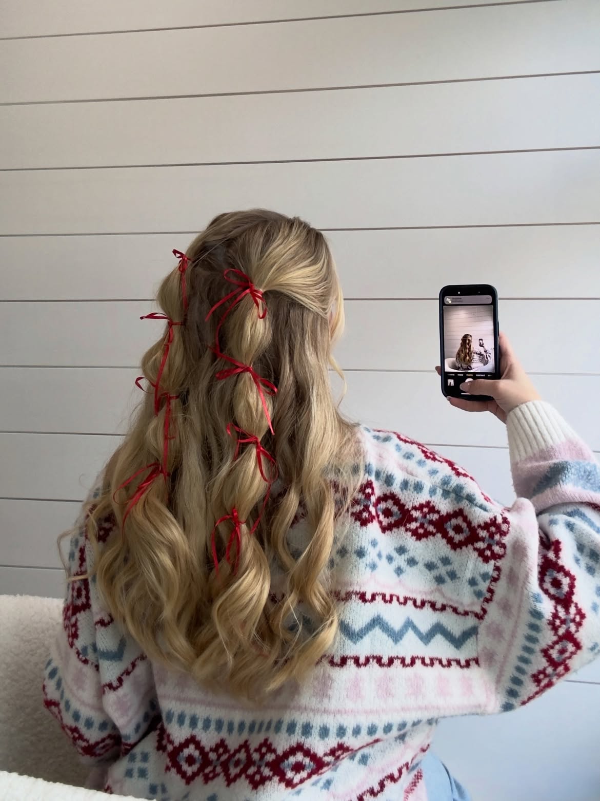 Red Ribbon Bubble Braid Half Up Style