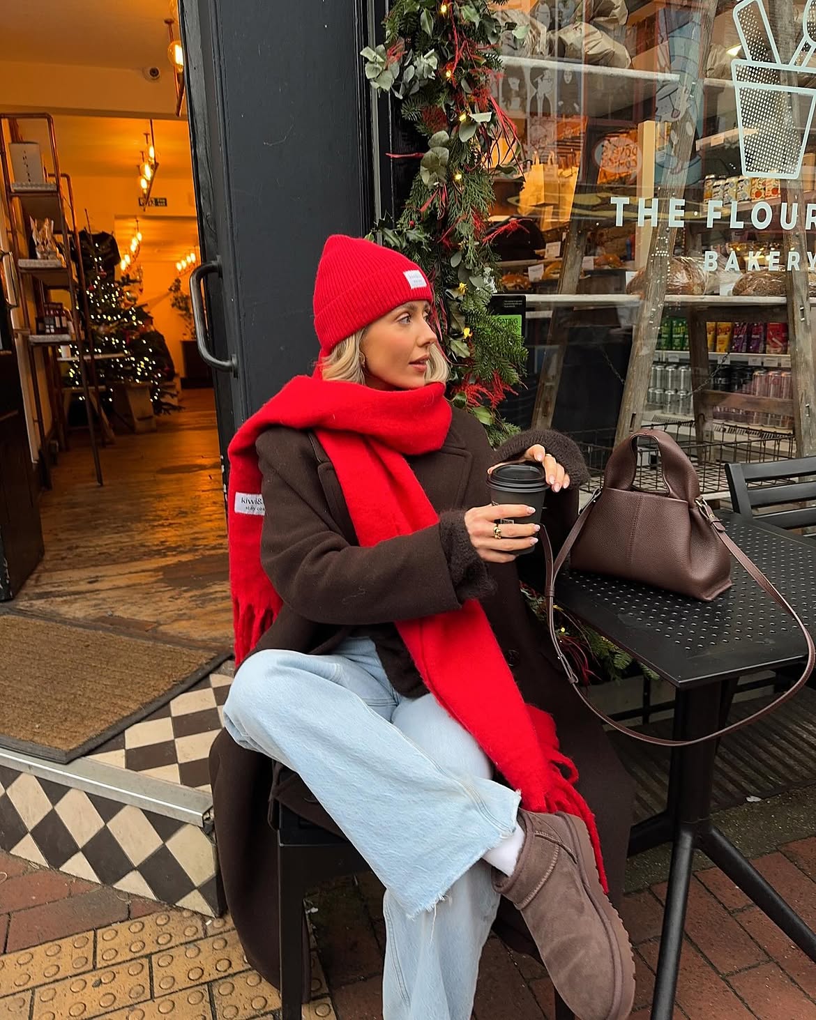 Red Scarf And Brown Coat Winter Street Style