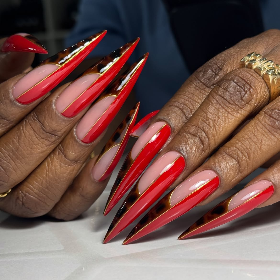 Red Tortoiseshell Stiletto French with Gold Outline