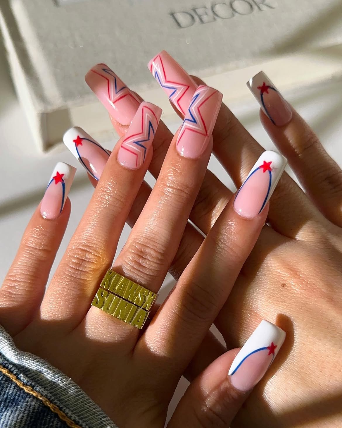 Red White Blue Star French Tip Coffin Nails