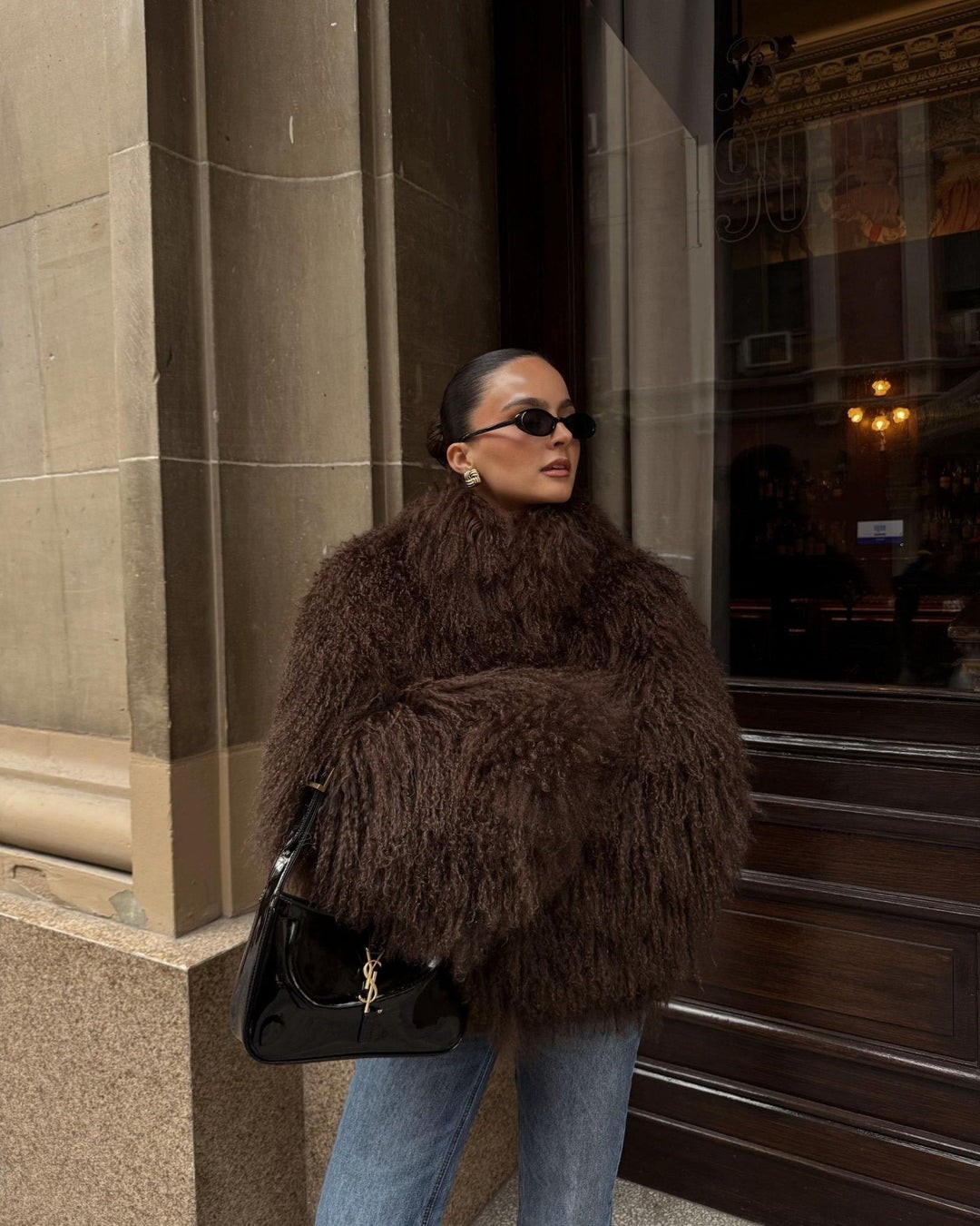 Rich Brown Shaggy Coat With Classic Denim