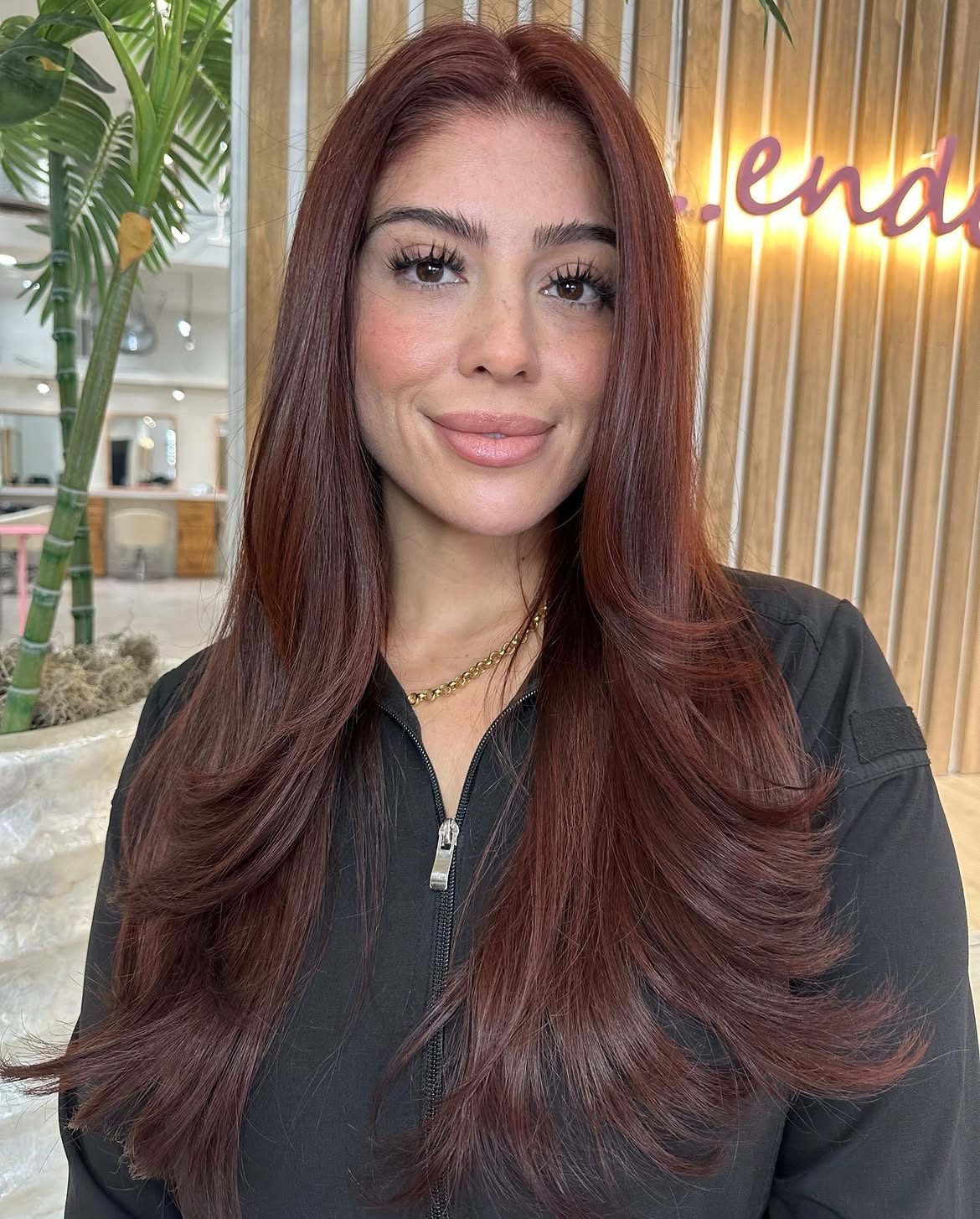 Rich Cherry Cola Hair With Soft Face Framing Layers