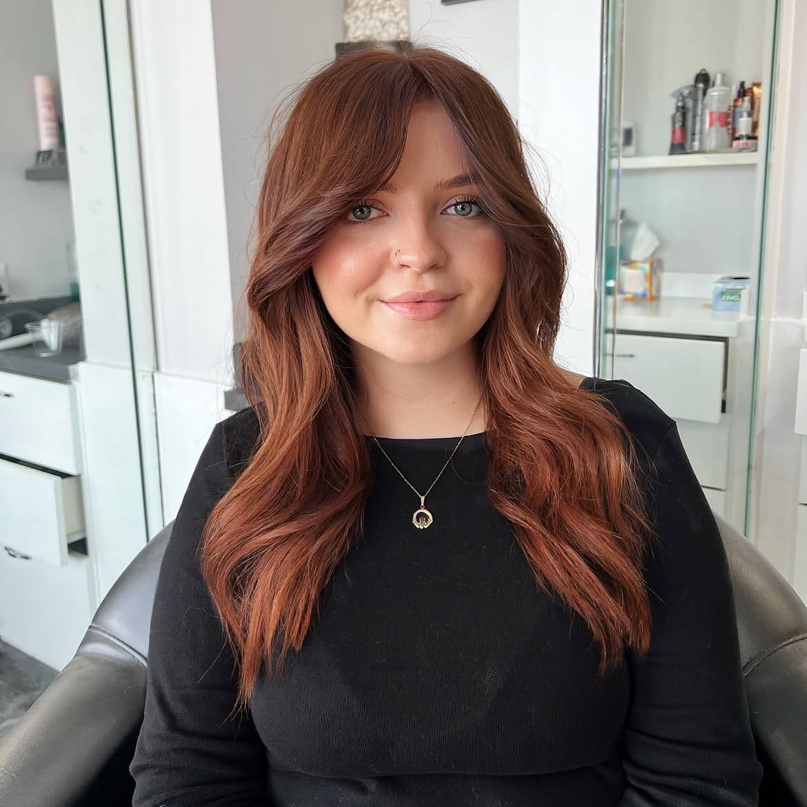 Rich Copper Brown Layers With Soft Curtain Bangs