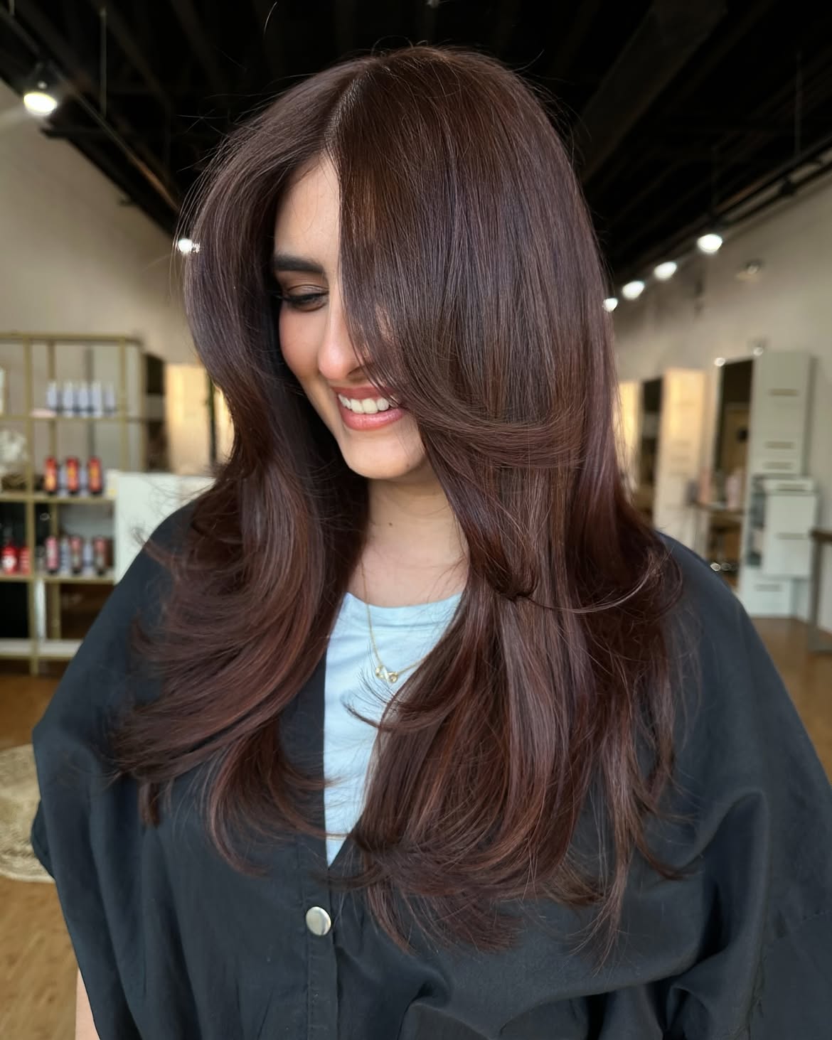 Rich Copper Brown Layers With Soft Curtain Bangs