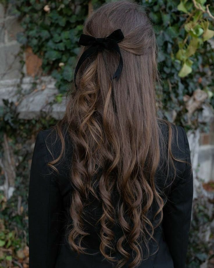 Romantic Half Up Curls With Black Velvet Bow