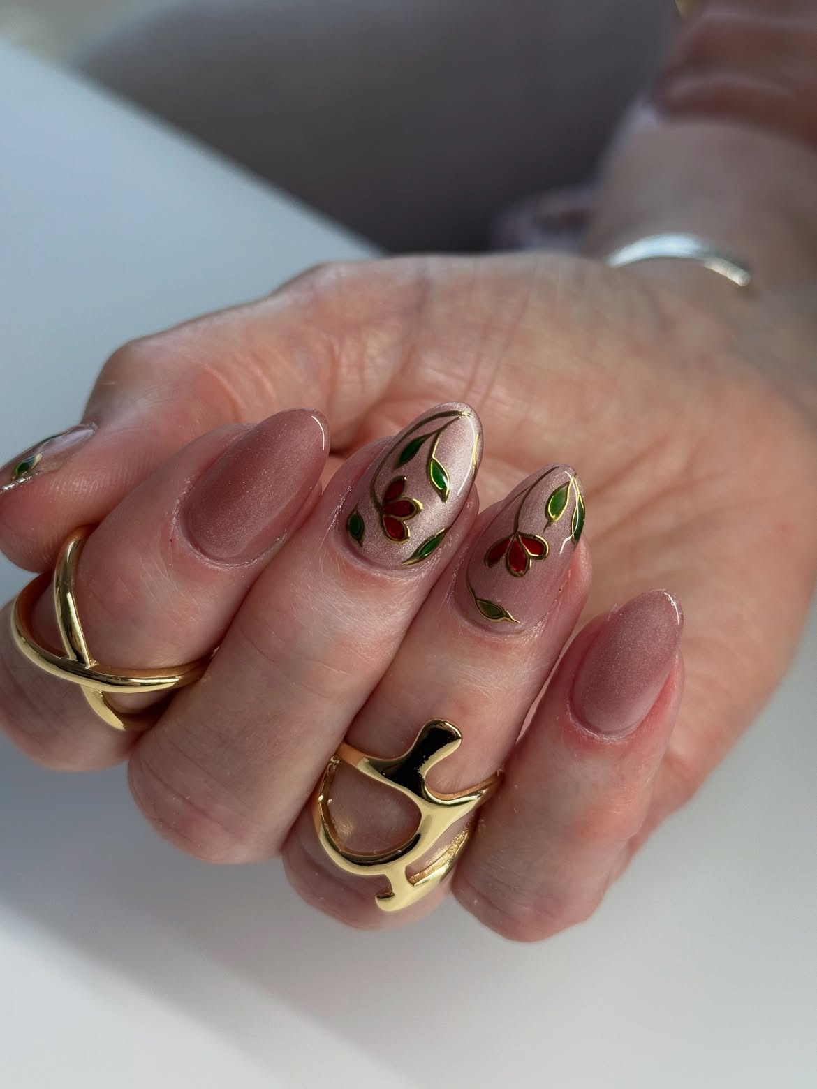 Rose Gold Almond Floral Accent Nails
