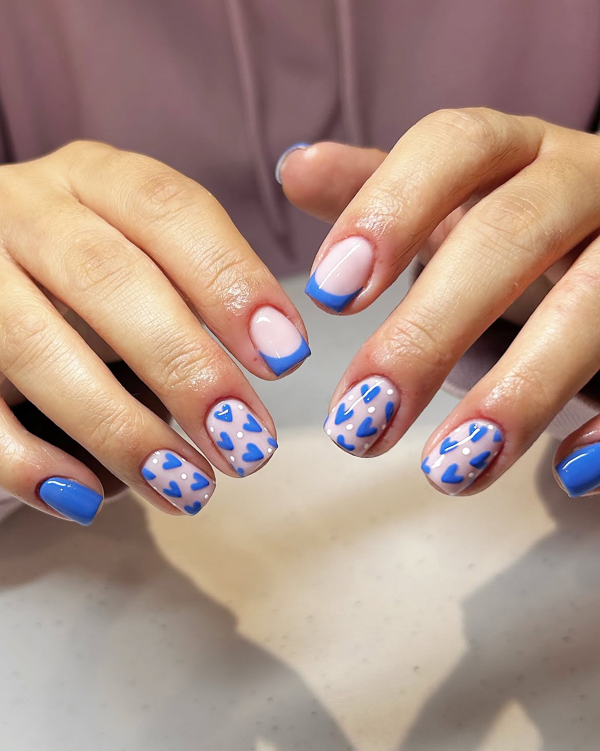 Royal Blue Heart French Tips With Polka Dots