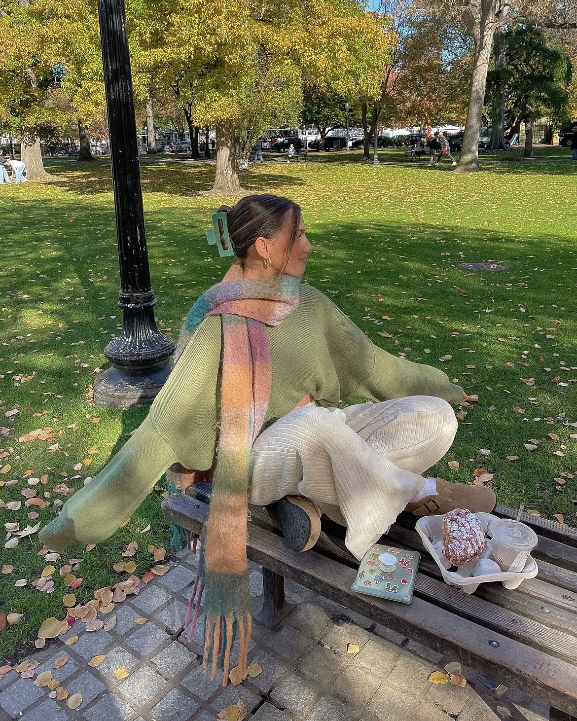Sage Green Knit And Striped Scarf Park Picnic Look