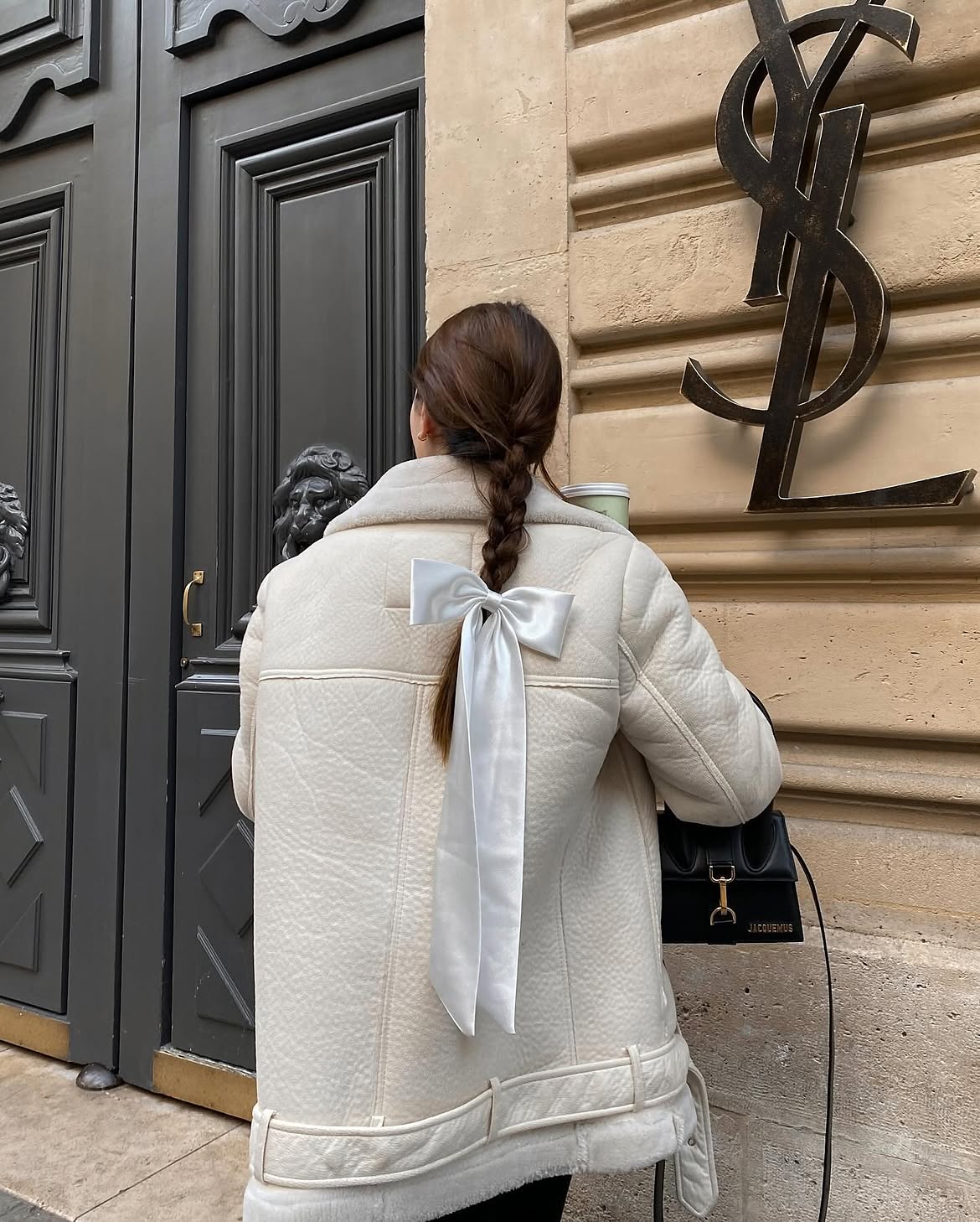 Satin Bow Tied French Braided Low Ponytail