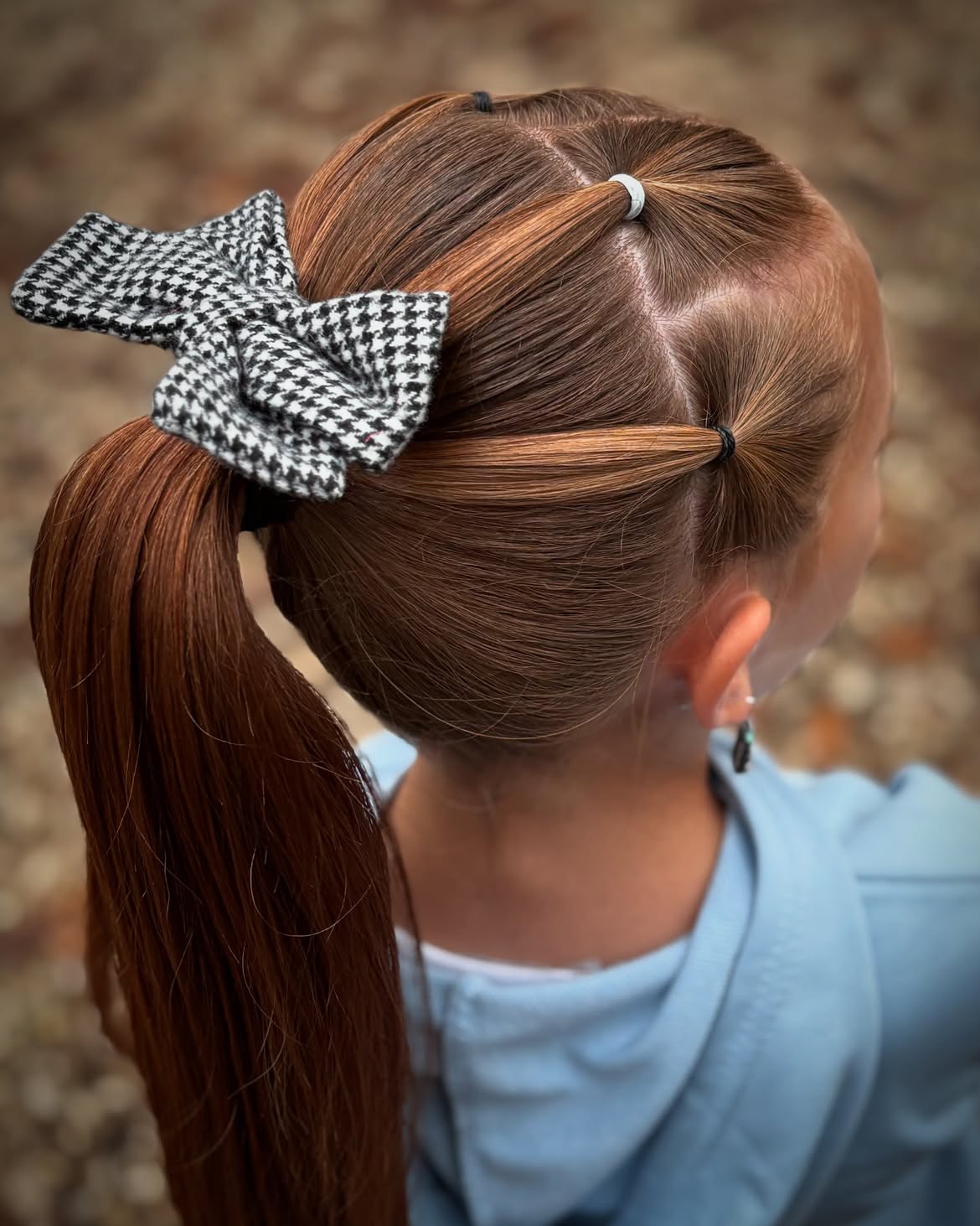 Sectioned High Ponytail With Houndstooth Bow