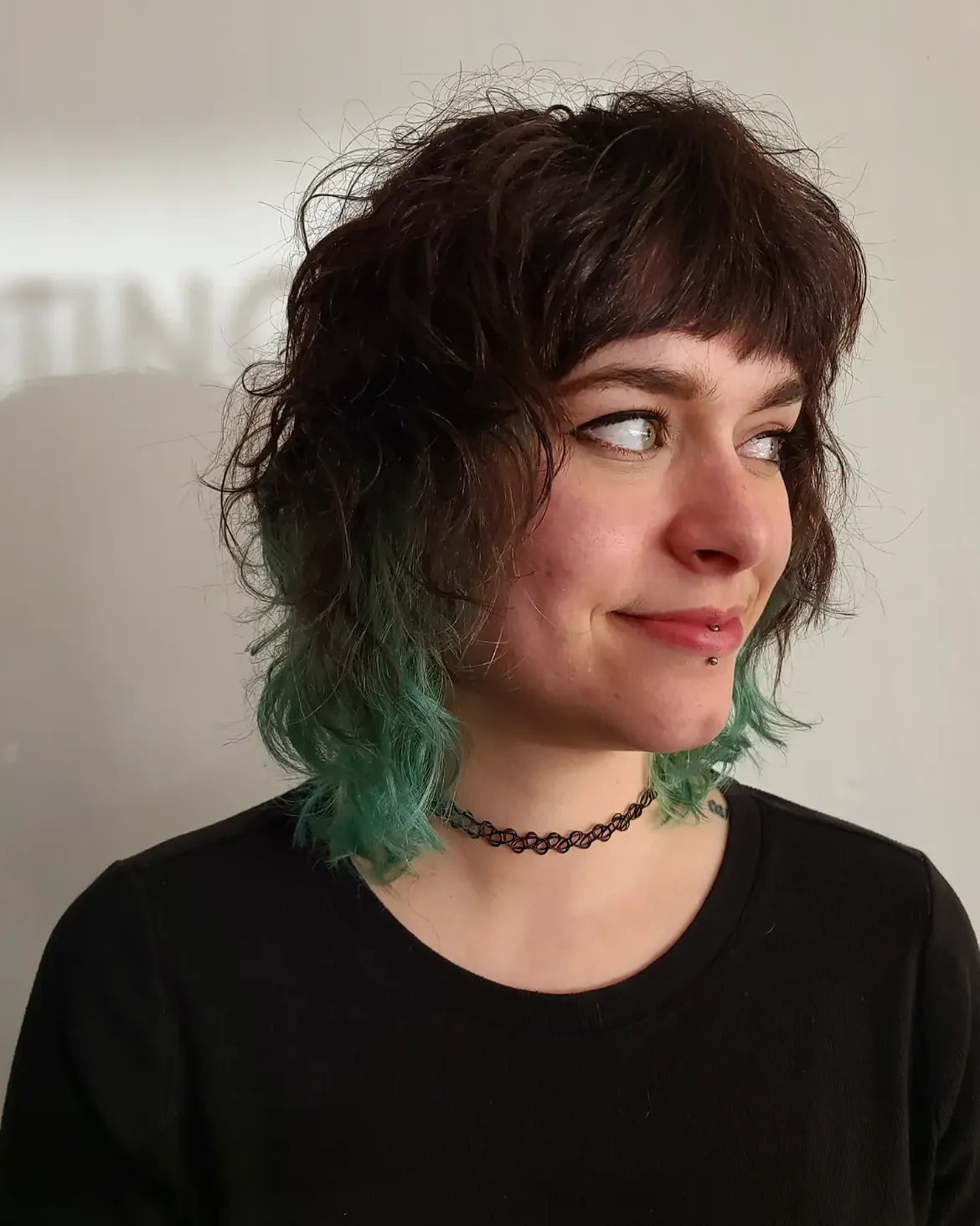 Shaggy Lob With Teal Dip-Dye and Choppy Bangs